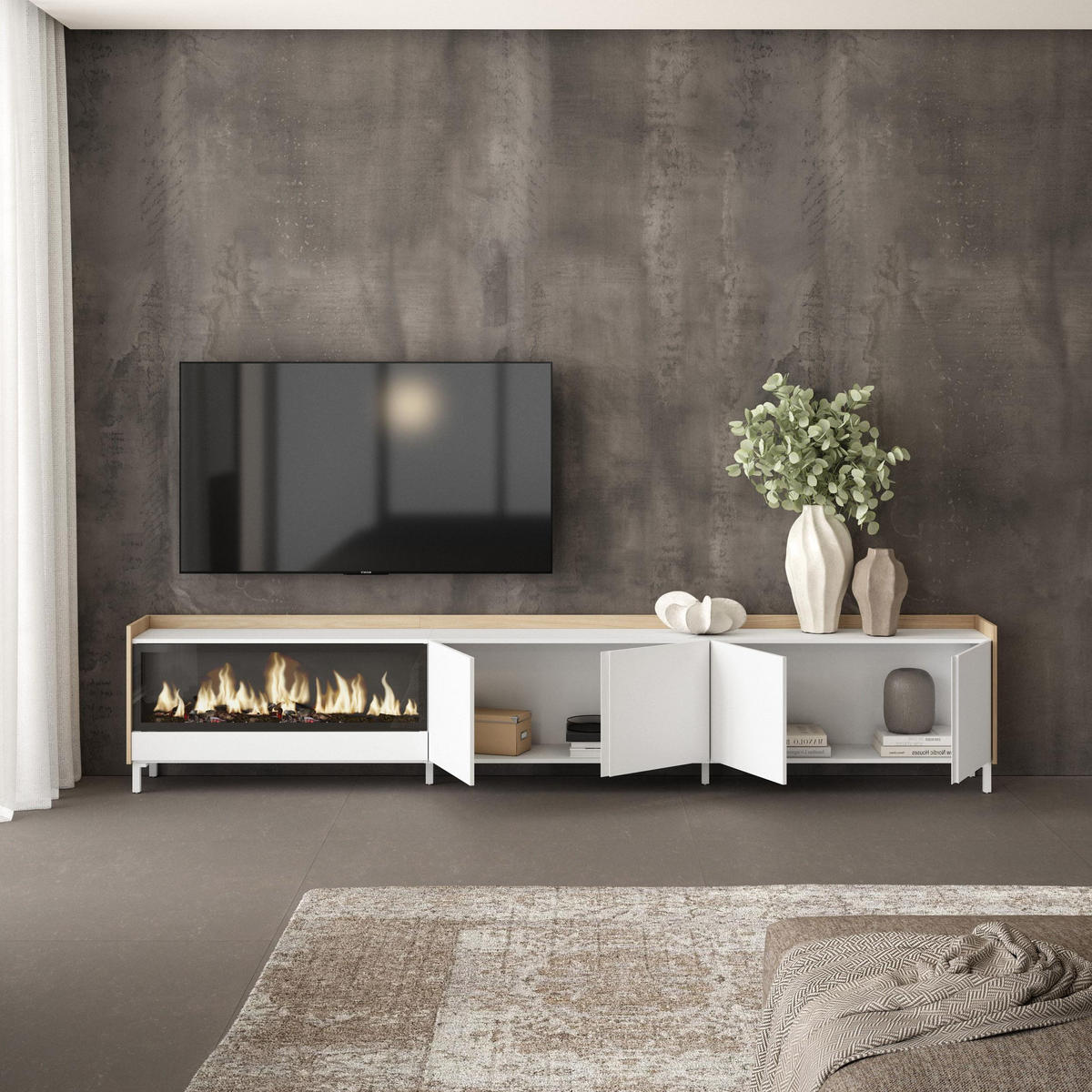 LOWBOARD, Weiß und Eiche, 315/35/61cm, Kamin mit Feuereffekt XXL - Weiß, Holzwerkstoff (315/61/35cm) - Skraut Home