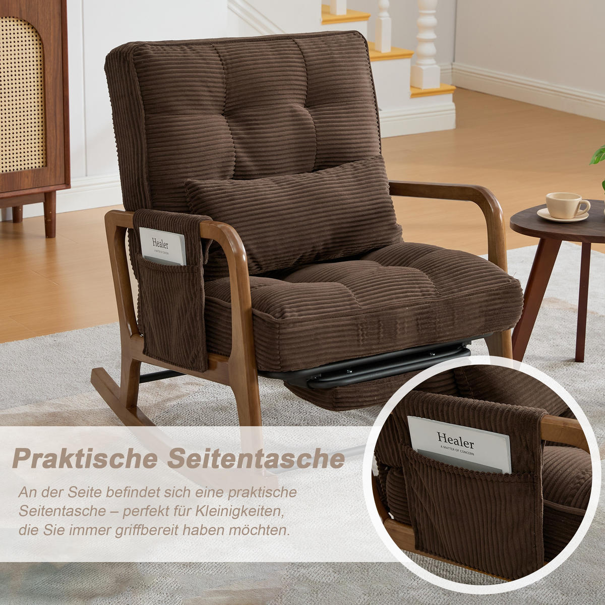 SCHAUKELSTUHL Kaffee Cord mit Fußstütze, Seitentaschen und verstellbarer Lehne - Mokka, Textil (80/92/70cm) - Oxeza