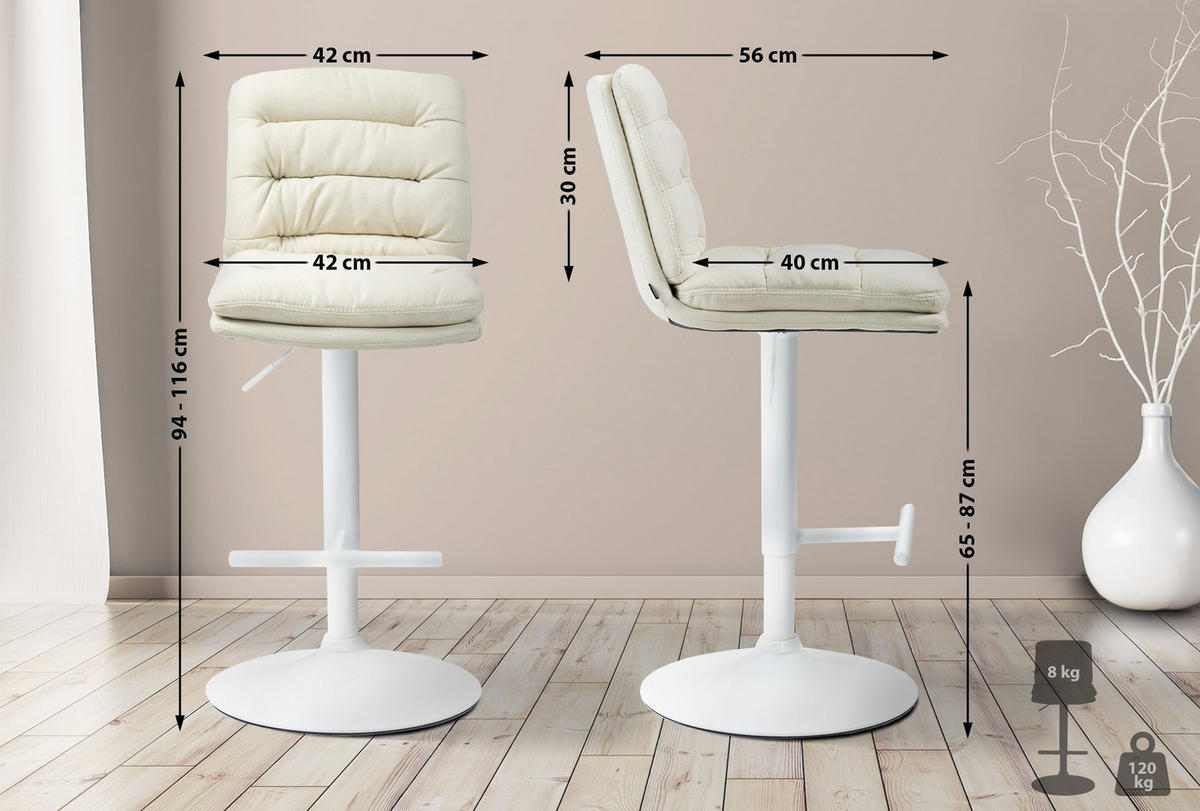 BARHOCKER Diamant Stoff weiß creme - Naturfarben/Weiß, Textil/Metall (42/116/56cm) - TPFLiving