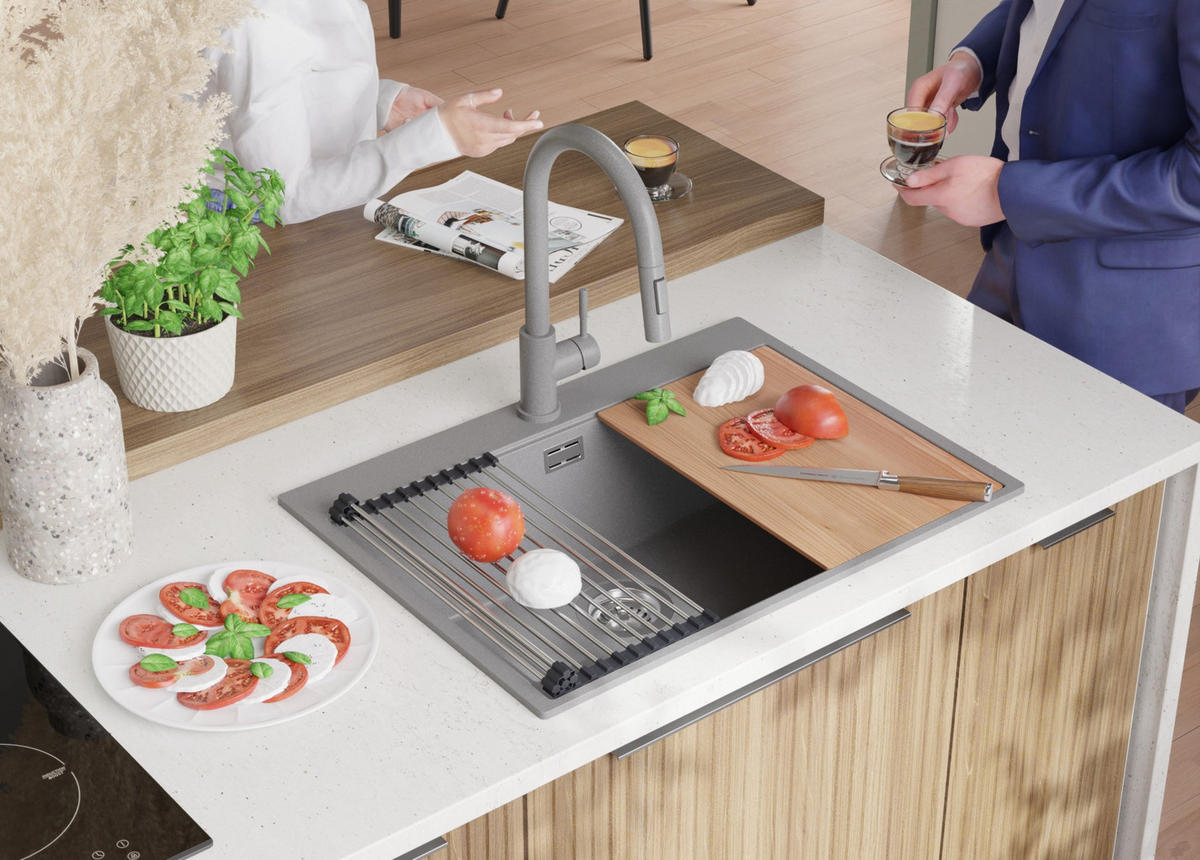 GRANITSPÜLE Oslo, 2-er set Grau 68/50 cm 1 Becken + Küchenarmatur 32/20 cm + Ablauf-Set + Schneidebrett ab 70er Unterschrank - Chromfarben/Beige, Kunststoff (68/20/50cm) - Primagran