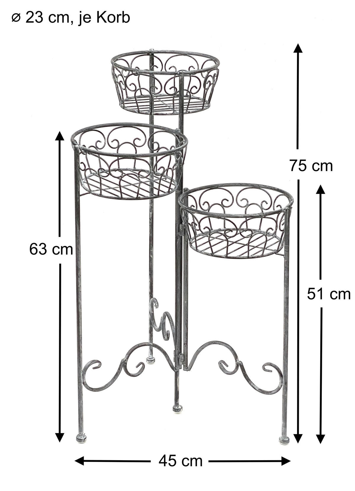 BLUMENTREPPE rund 3 Körbe Metall Grau antik 45/75 cm - Grau, Metall (23/75/23cm) - DanDiBo