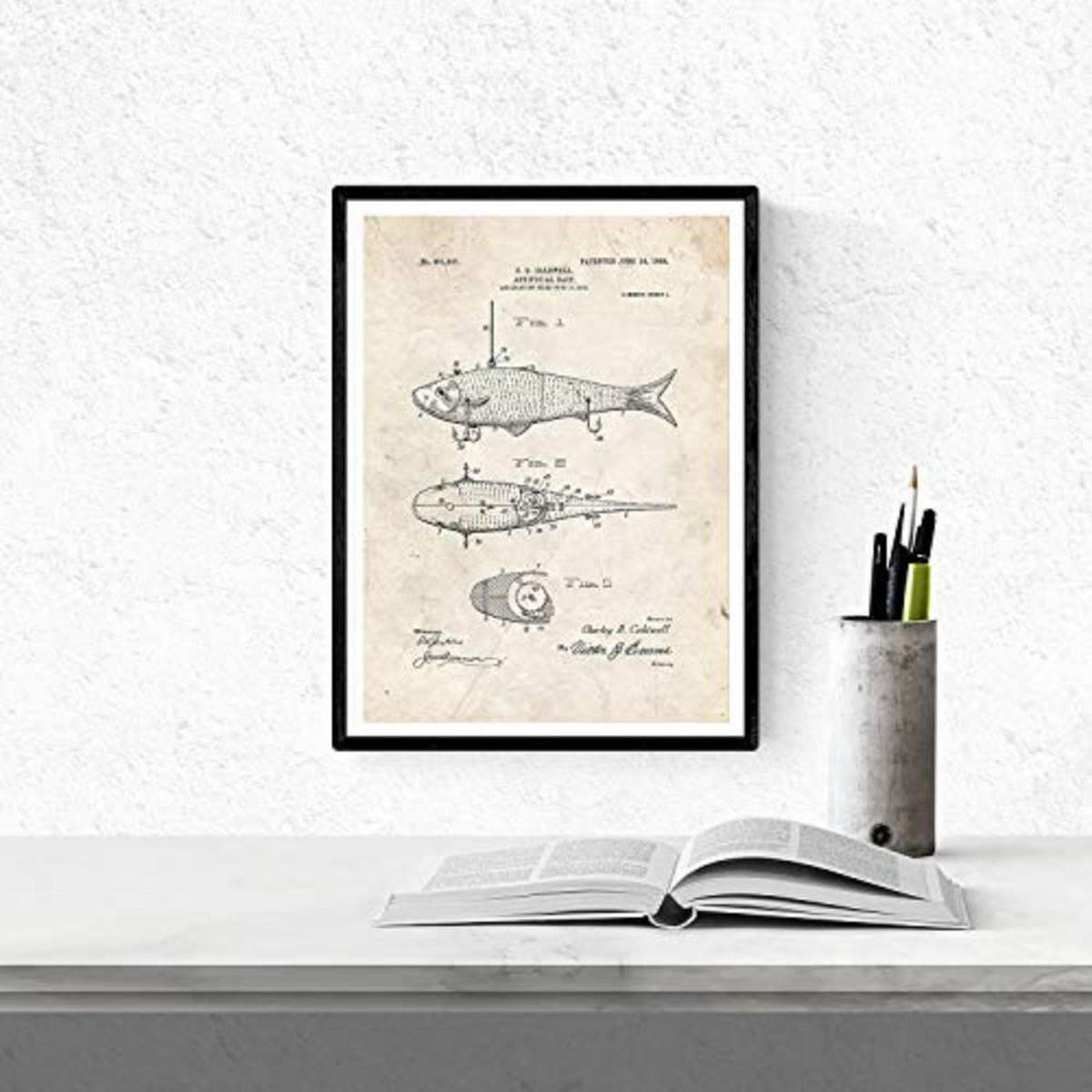 POSTER Set mit 4 Angelrute Patent A3 Schwarzer Rahmen - Schwarz, Papier (29.7/3cm) - Nacnic