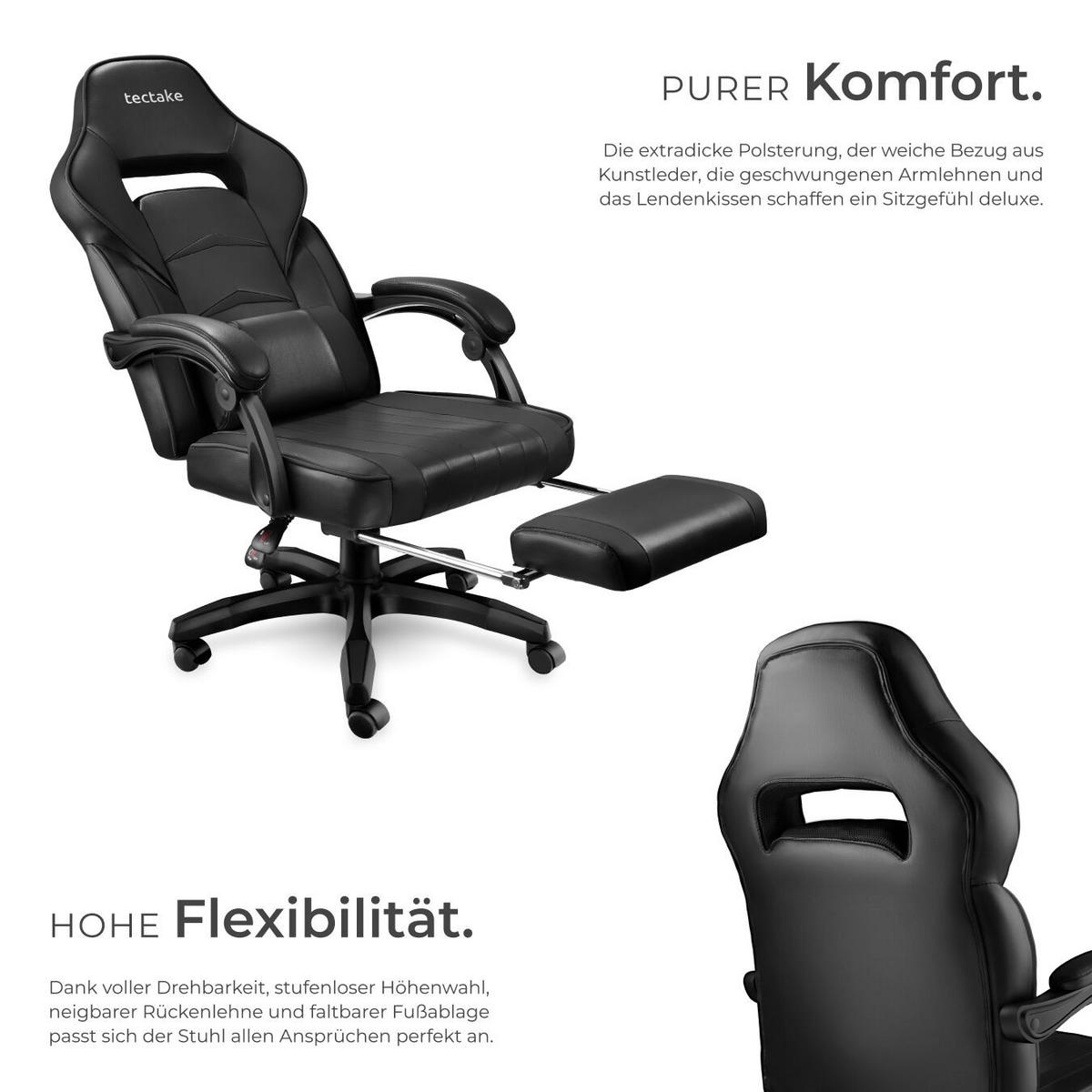 RACING BÜROSTUHL Comodo,inklusive Lendenkissen, Belastbarkeit 120 kg,schwarz/schwarz - Schwarz, Textil (70/127.5/69cm) - tectake