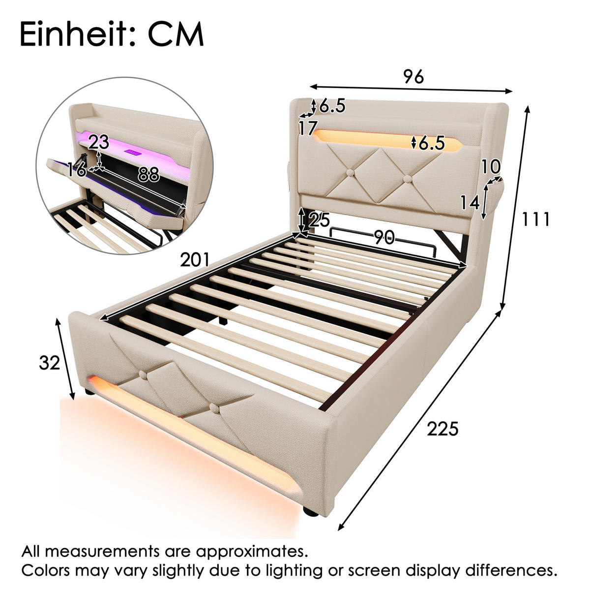 POLSTERBETT 90/200 cm Beige mit Matratze, LED-Beleuchtung und USB-Anschlüssen - Beige, Textil (90/200cm) - Flora Grace