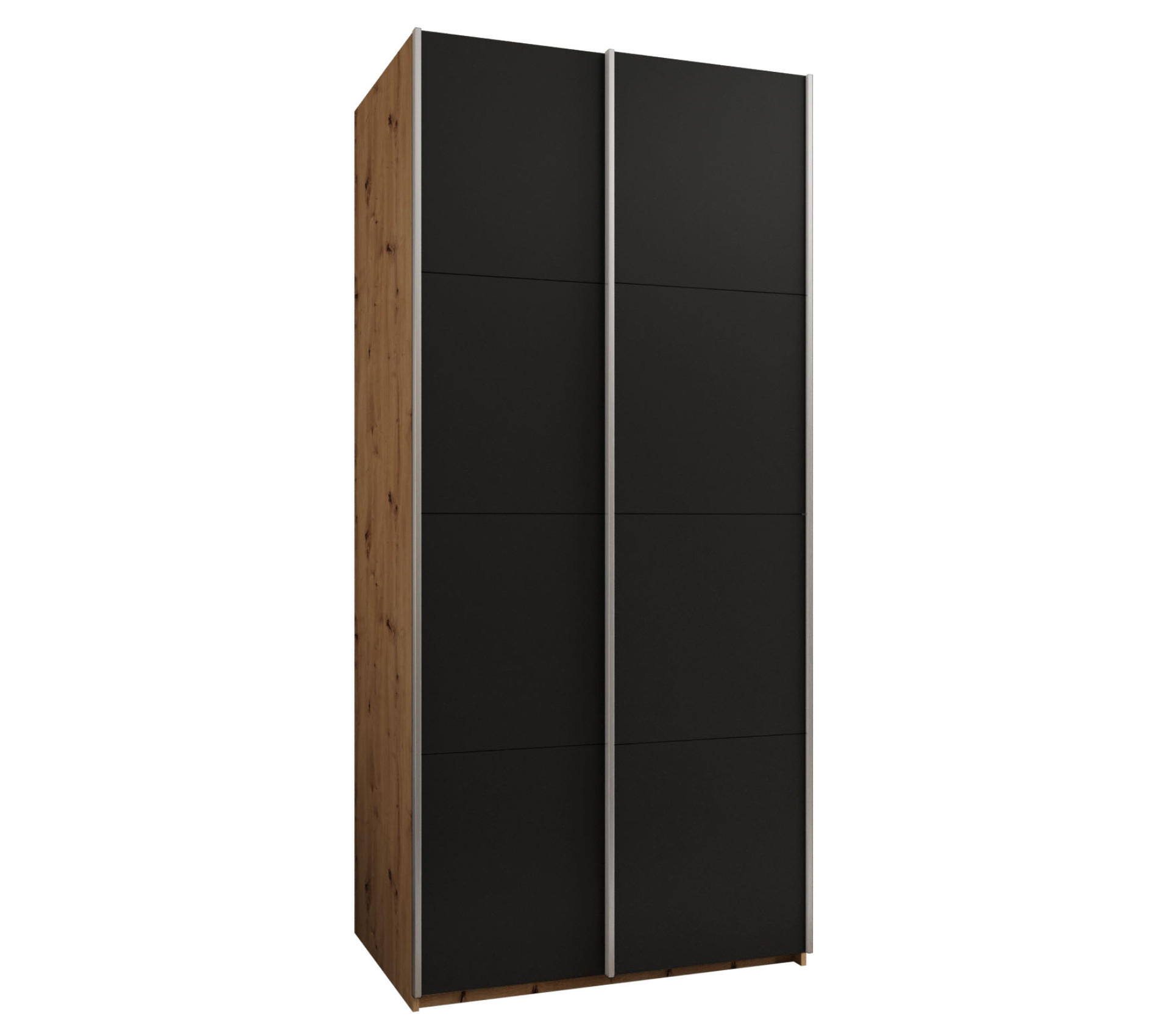 Abiks Möbel Schwebetürenschrank Eiche Artisan, Schwarz, Silber 110x245x64 cm