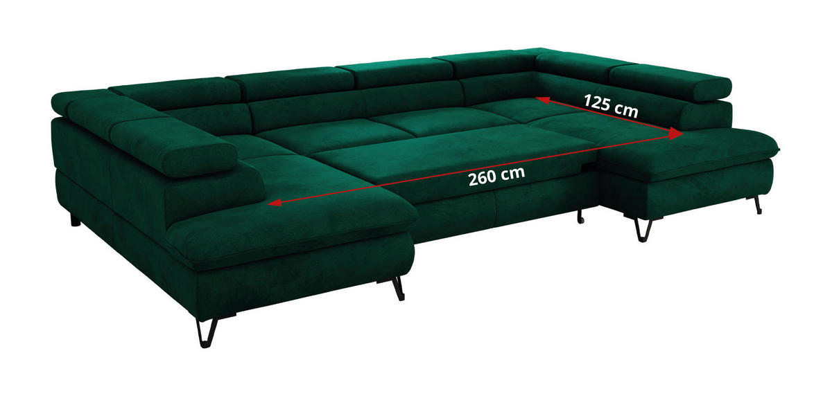 WOHNLANDSCHAFT PABLO U Velvet Dunkelgrün - Dunkelgrün/Schwarz, Textil/Metall (346/76/208cm) - MKS