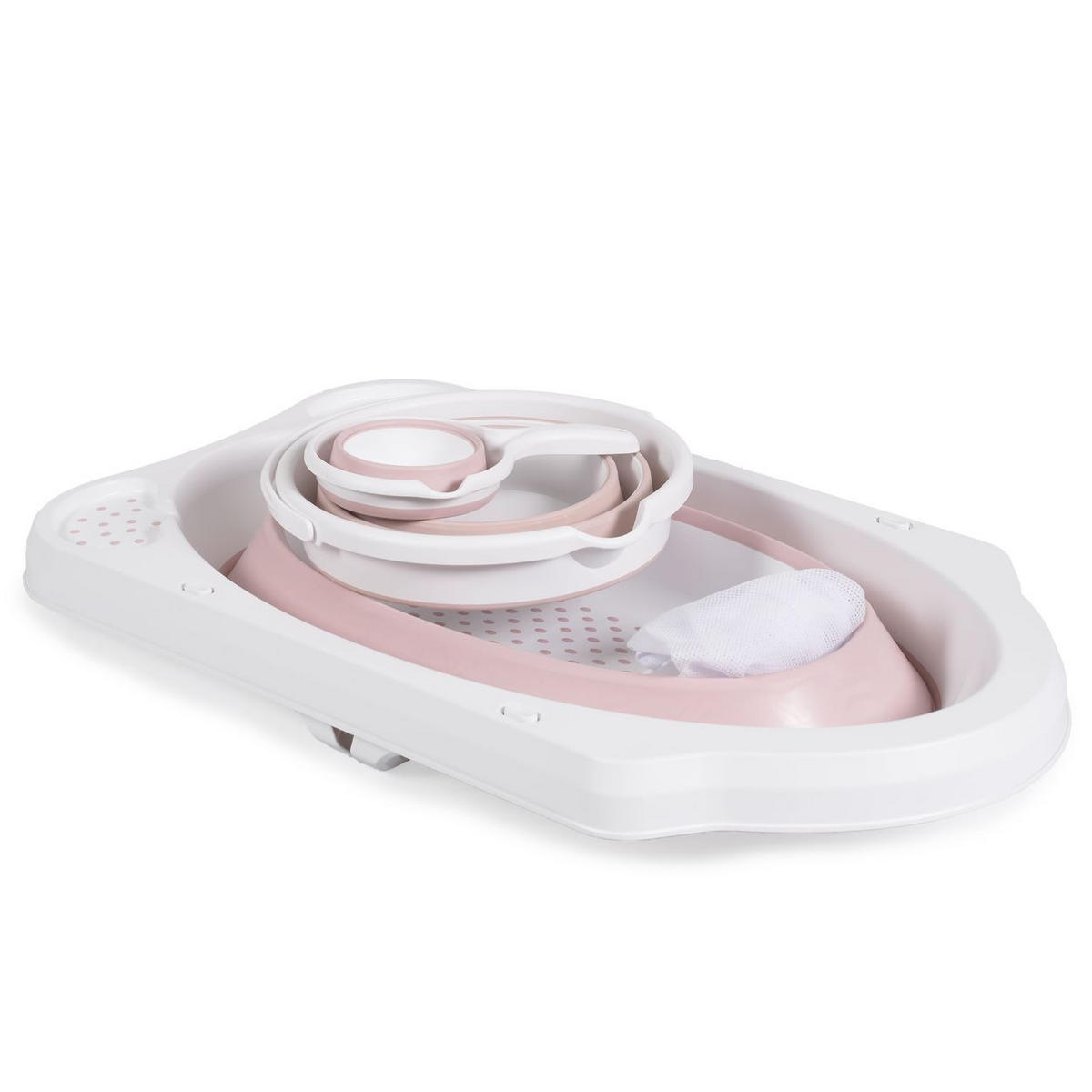 BABYBADEWANNE Set Hawai 4-teilig rosa faltbar, Wasserablauf, Ablagefächer, Netz, ab Geburt, rutschfeste Füße - Rosa, Kunststoff (48/80cm) - Cangaroo