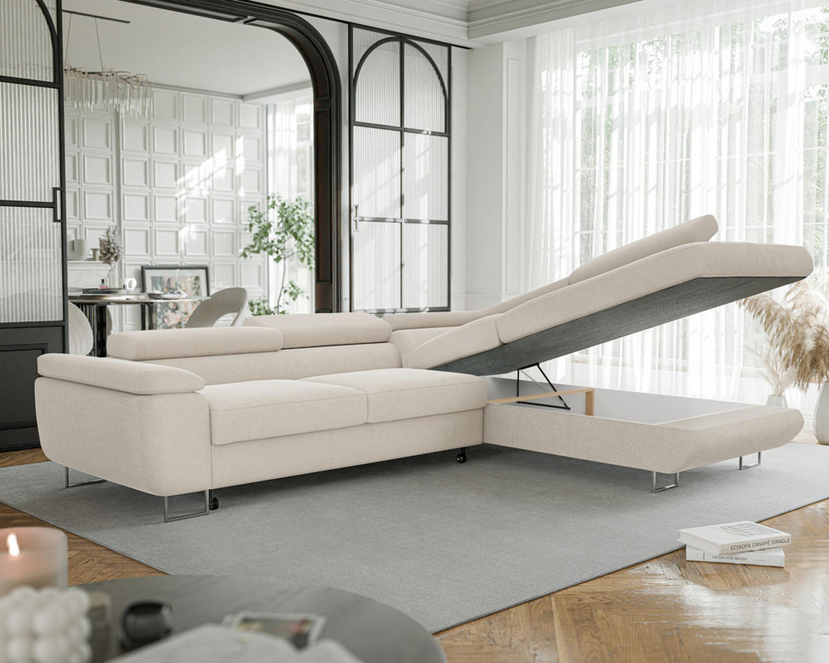 ECKSOFA ANTON mit Schlaffunktion und Bettkasten Creme - Creme, Holzwerkstoff/Kunststoff (274/203cm) - Idohome