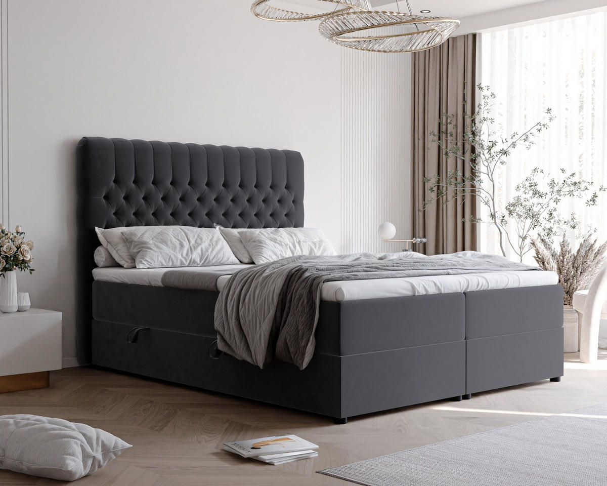 BOXBETT GIULIA 140/200 cm mit Matratze und Topper, Dunkelgrau - Dunkelgrau, Textil (140/200cm) - Idohome