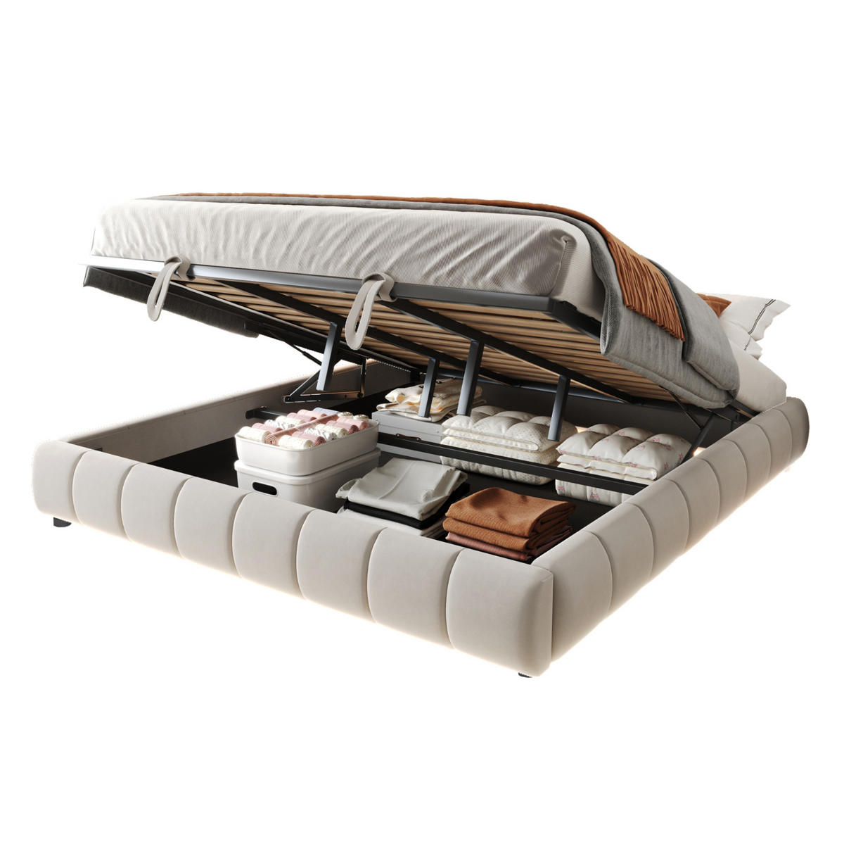 POLSTERBETT 180/200 cm Beige ohne Kopfteil mit LED-Beleuchtung und hydraulischem Stauraumrahmen - Beige, Textil (180/200cm) - OKWISH