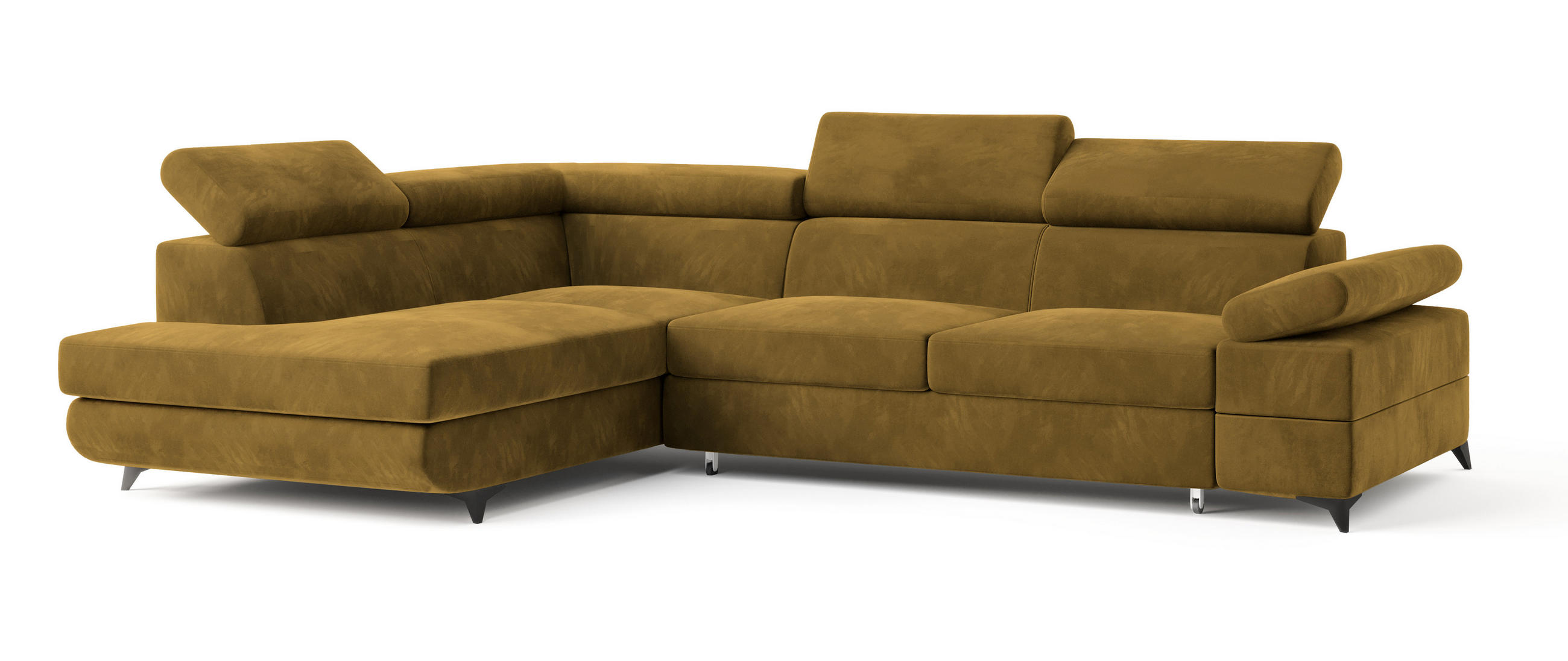 ECKSOFA FAVIEN L-S Gelb Velours-Stoff mit Schlaffunktion - Gelb, Holz (257/190cm) - MASSENO