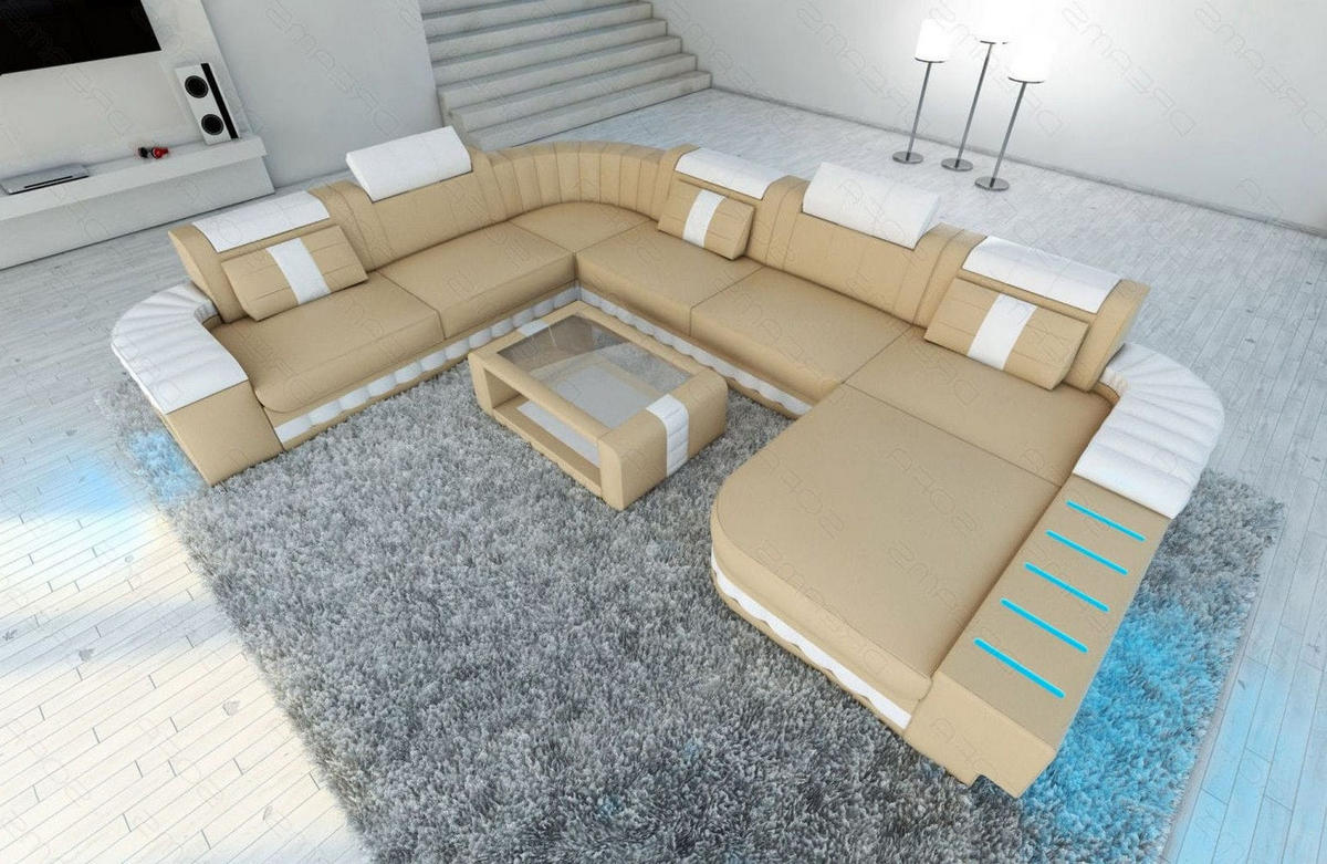 WOHNLANDSCHAFT Bellagio Sandbeige Weiß Büffelleder - Sandfarben, Leder (362/80/287cm)