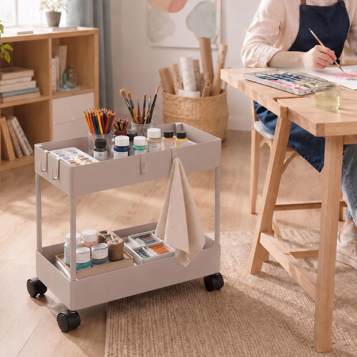 ROLLWAGEN - Beige, Kunststoff/Metall (39.5/38/21.5cm) - Relaxdays
