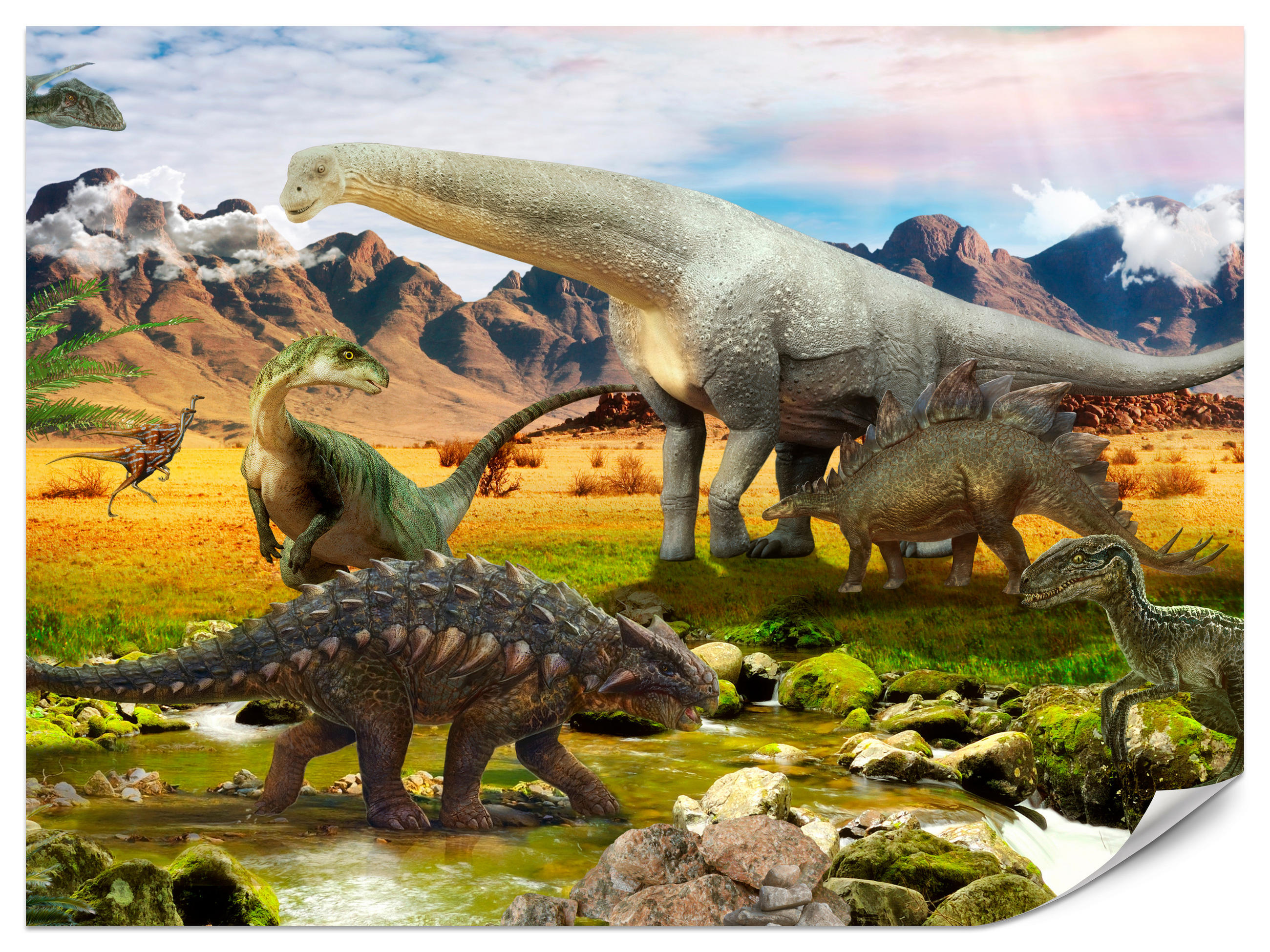 FOTOTAPETE für Kinderzimmer Dinosaurier Berge aus Felsen Bäume 350x256 - Multicolor, Papier (350/256cm) - Muralo