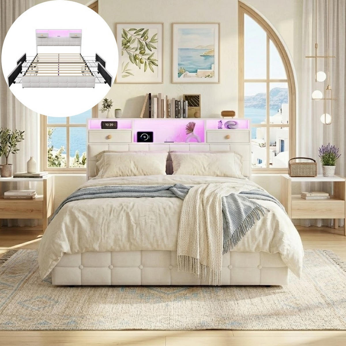 POLSTERBETT 160x200 cm mit 4 Schubladen, Polsterbettgestell aus Samt, Kopfteil mit RGB-LED-Beleuchtung, 2 Schubladen und USB/Typ-C-Anschlüsse - Beige - Beige, Holzwerkstoff (160/200cm) - Brevoria
