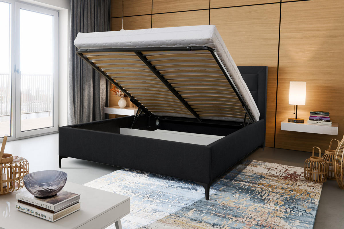 POLSTERBETT VENEZIA mit Kopfteil, 140 x200 cm, Doppelbett mit Bettkasten und Lattenrost aus Strukturstoff, Velourstoff, Frabe: Schwarz - Schwarz, Holz/Kunststoff (140/200cm) - VENASI MÖBEL