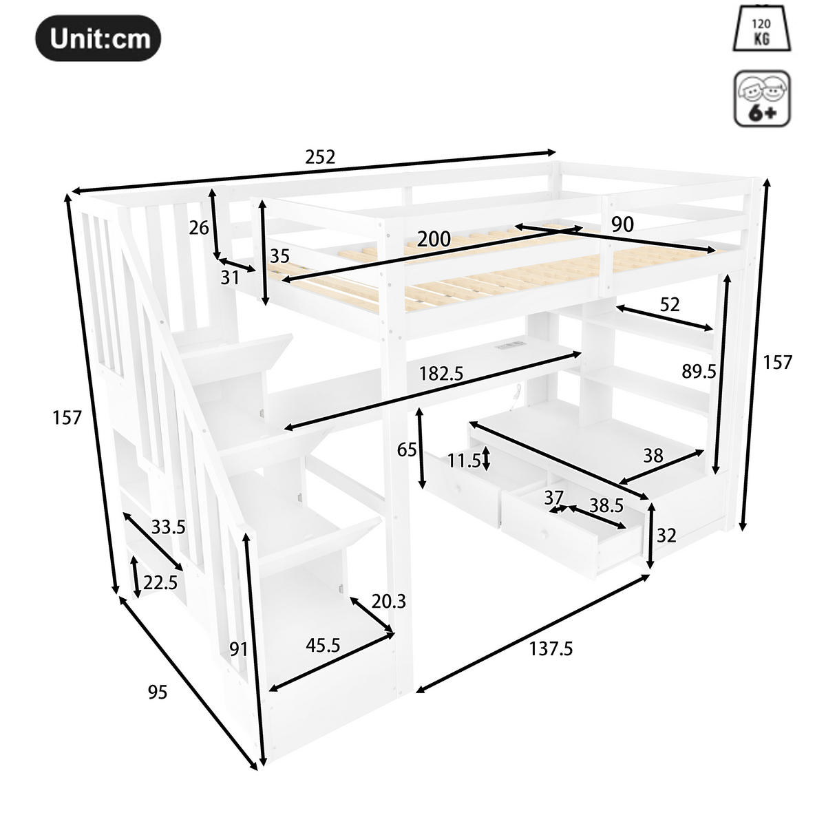 HOCHBETT 90/200 cm weiß aus Kiefer mit Schreibtisch mit Schubladen und Treppe - Weiß, Holzwerkstoff (90/200cm) - OKWISH