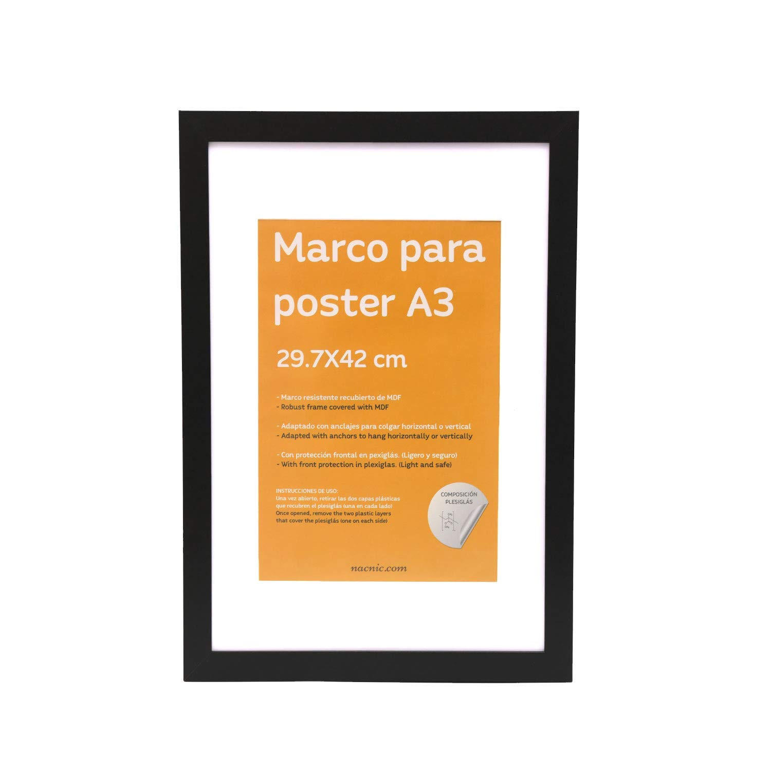 RAHMEN aus MDF und Acrylglas Schutz und Aussteller für Fotografien, Bilder, Poster, Gemälde, Dekoration für Haus Farbe Schwarz A3 - Schwarz, Holz (29.7/3/42cm) - Nacnic