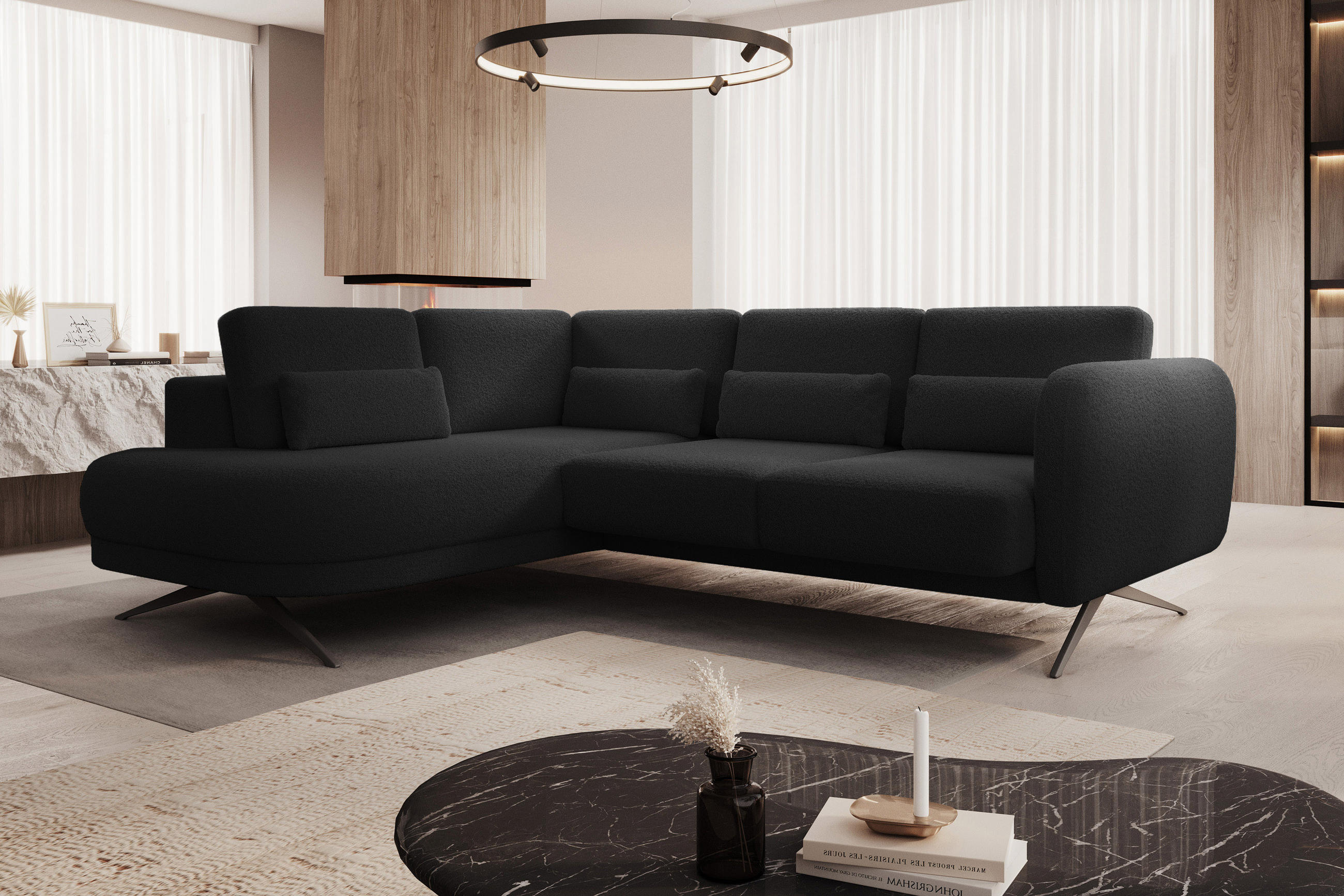 ECKSOFA ILUSIO L 250x205cm, Schlaffunktion, Schwarz, Links - Schwarz, Holz/Textil (205/248cm) - DomoHome