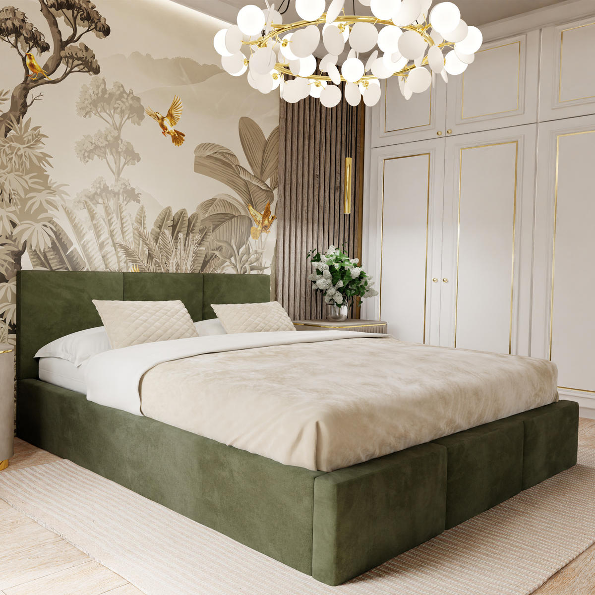 POLSTERBETT mit Stauraum Khaki 120x200cm Kopfteil 88cm - Olivgrün, Holzwerkstoff/Textil (120/200cm) - Muralo