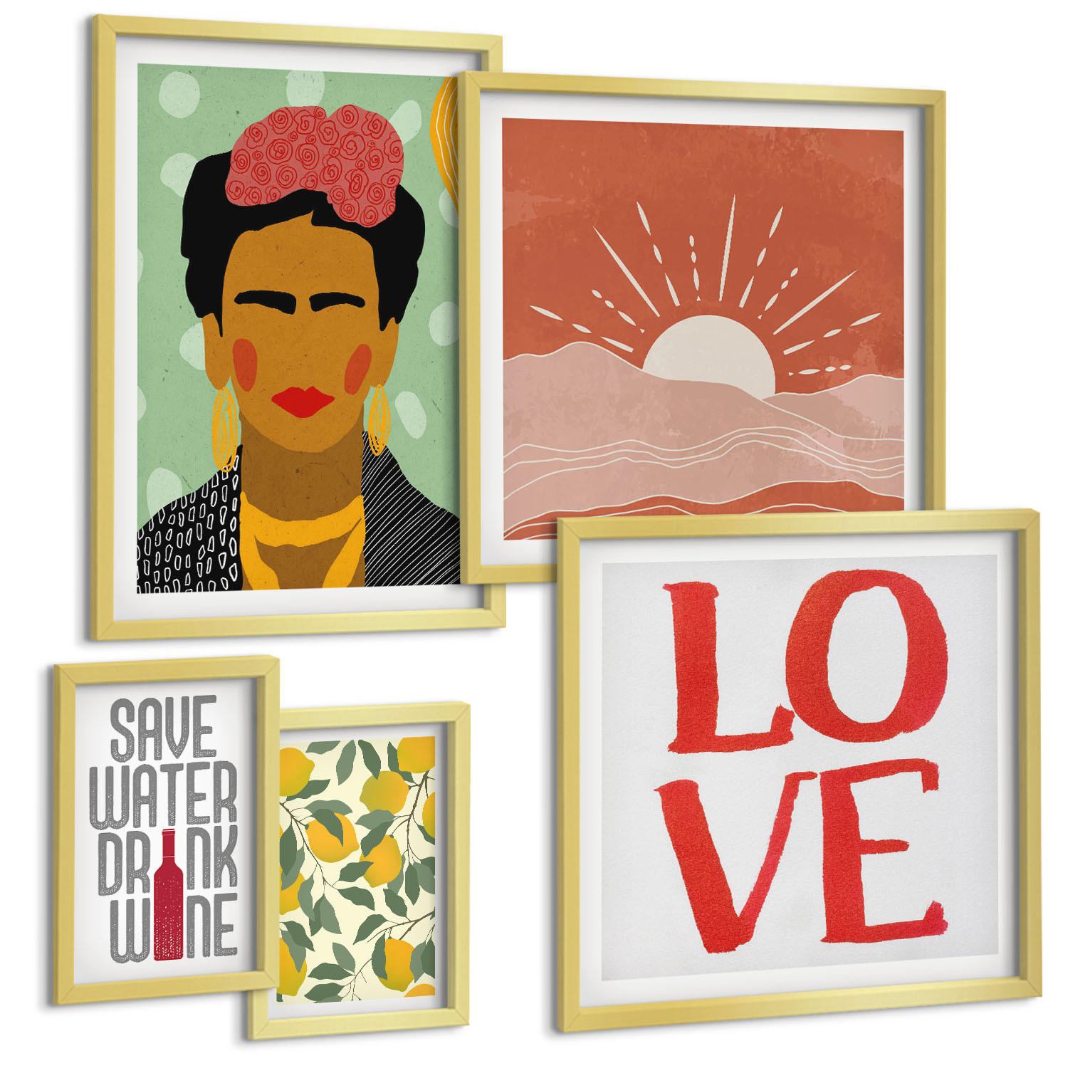 BILDER SET 5er Set - 50x50 cm & 20x30 cm & 40x60 cm Goldrahmen - Zitronen Inschrift Liebeslandschaft Frida - Goldfarben, Kunststoff (40/60cm) - TULUP