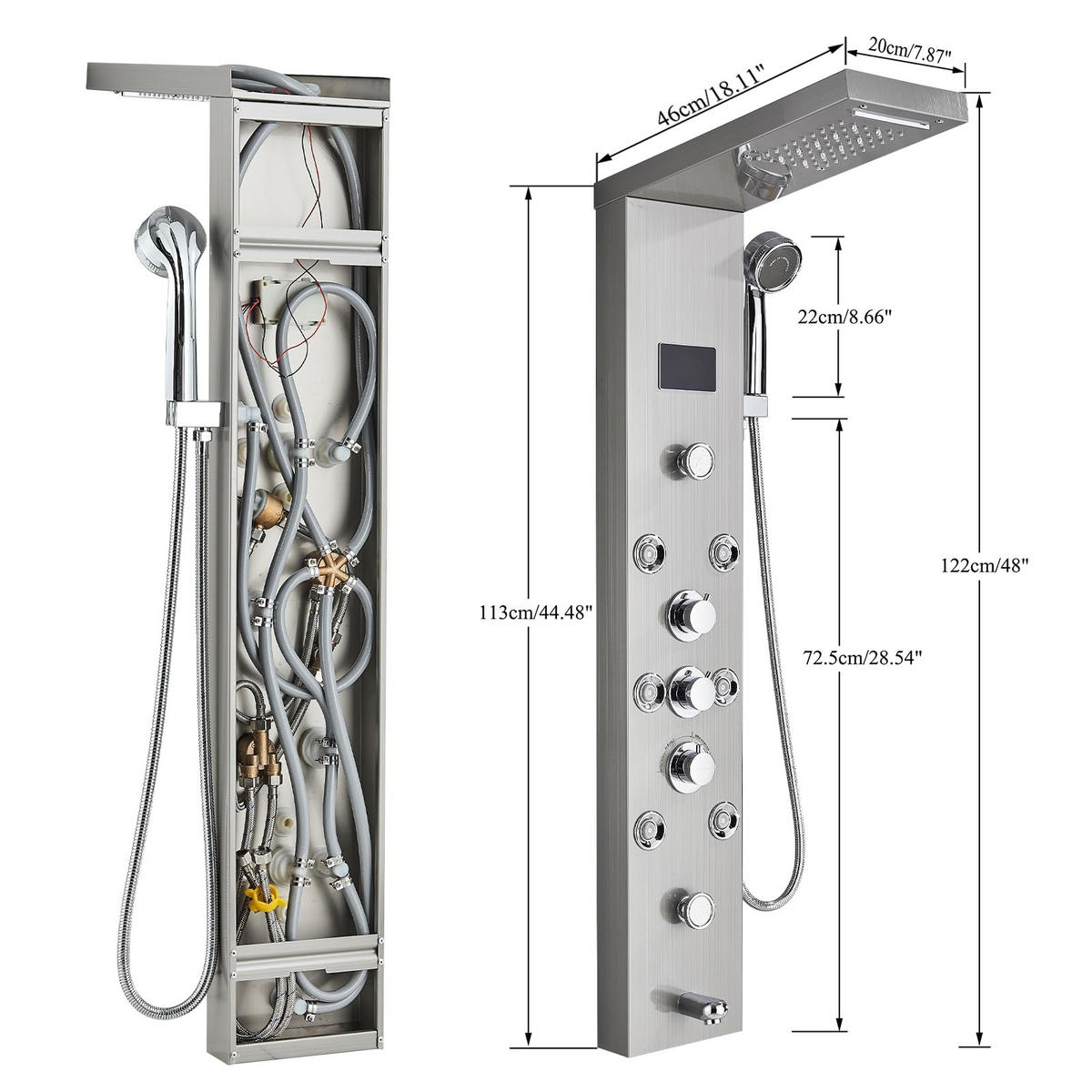 ÜBERKOPFBRAUSESET Edelstahl gebürstet Hydromassage 8 Jets Temperaturanzeige - Silberfarben, Metall (20/122/46cm) - Kaket