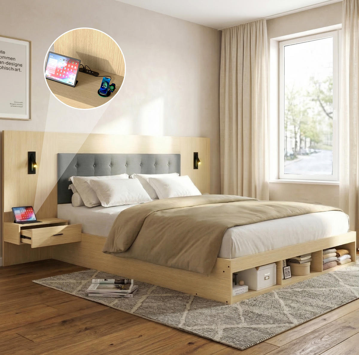 DOPPELBETT aus MDF 160x200 cm Helle Eiche mit USB-/Type-C-Anschluss, Leselampen, 2 Nachttischen und Stauraum - Eichefarben, Holzwerkstoff (140/200cm) - Modfu