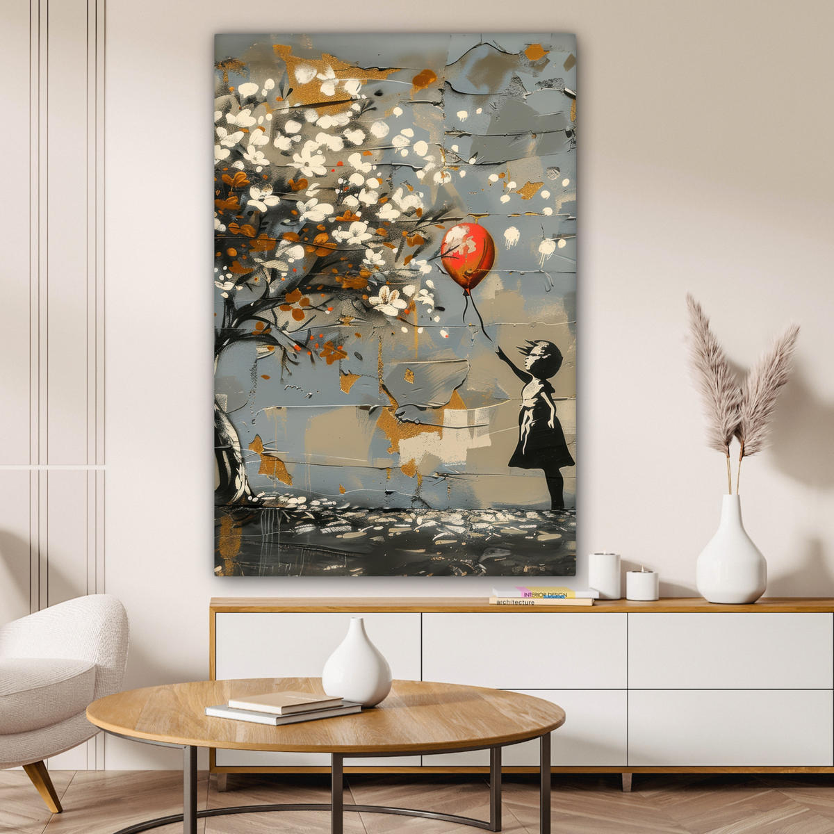 LEINWANDBILD Baum - Graffiti - Banksy-Stil - Ballon-Mädchen Deko Groß 90x140 cm - Blaugrau, Textil (90/140cm) - MuchoWow