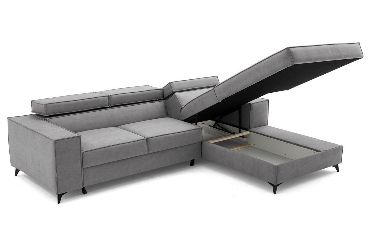 ECKSOFA PURE S Rechts mit Schlaffunktion 127x215 Velours Hellgrau - Hellgrau/Schwarz, Holz/Textil (204/281cm) - Muffo
