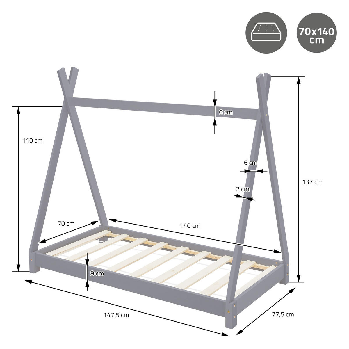 KINDERBETT Tipi mit Matratze 70x140 cm Hellgrau - Hellgrau, Holz (70/140cm) - ML-DESIGN