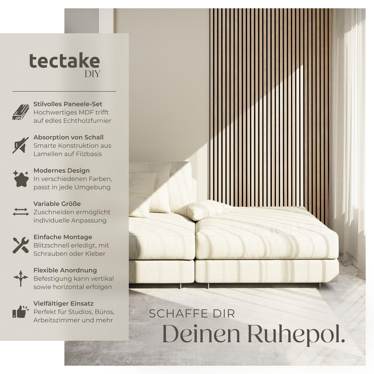 AKUSTIKPANEELE 4er Set Sonic Wall Iv, je 110 x 50 x 1,1 cm, Größe flexibel anpassbar, Eiche hell - Eichefarben, Holz (50/1.1/110cm) - tectake
