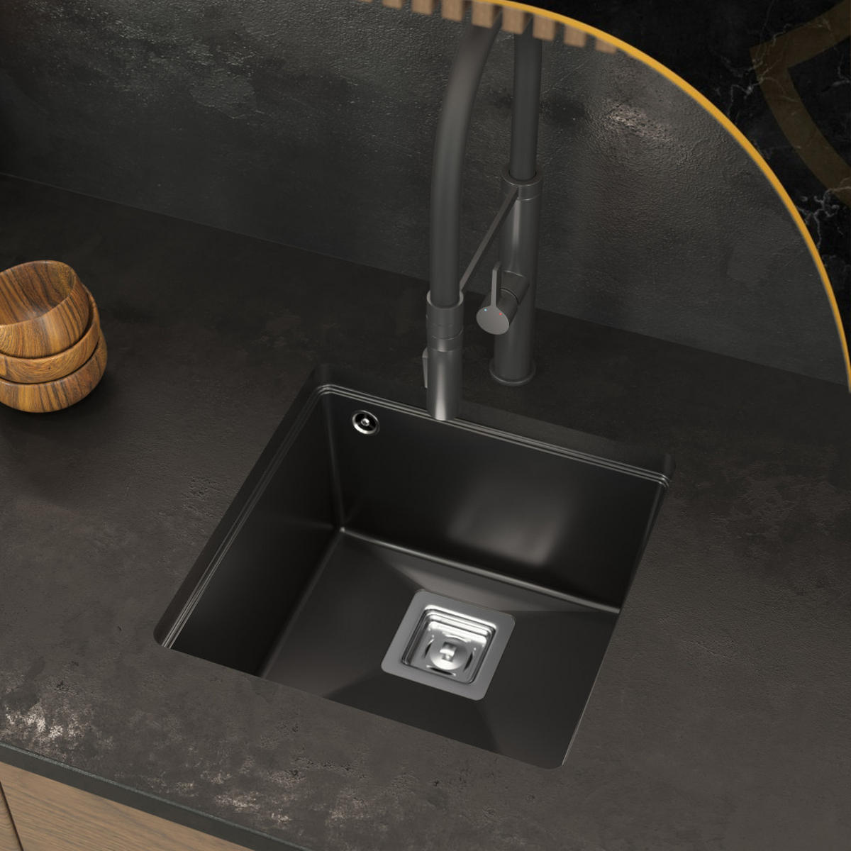 SPÜLBECKEN Napo 42 Schwarz 3 tlg. 420/420 mm Unterbau mit Siphon und Imprägnierung - Schwarz, Stein (42/42/20cm) - Granitan