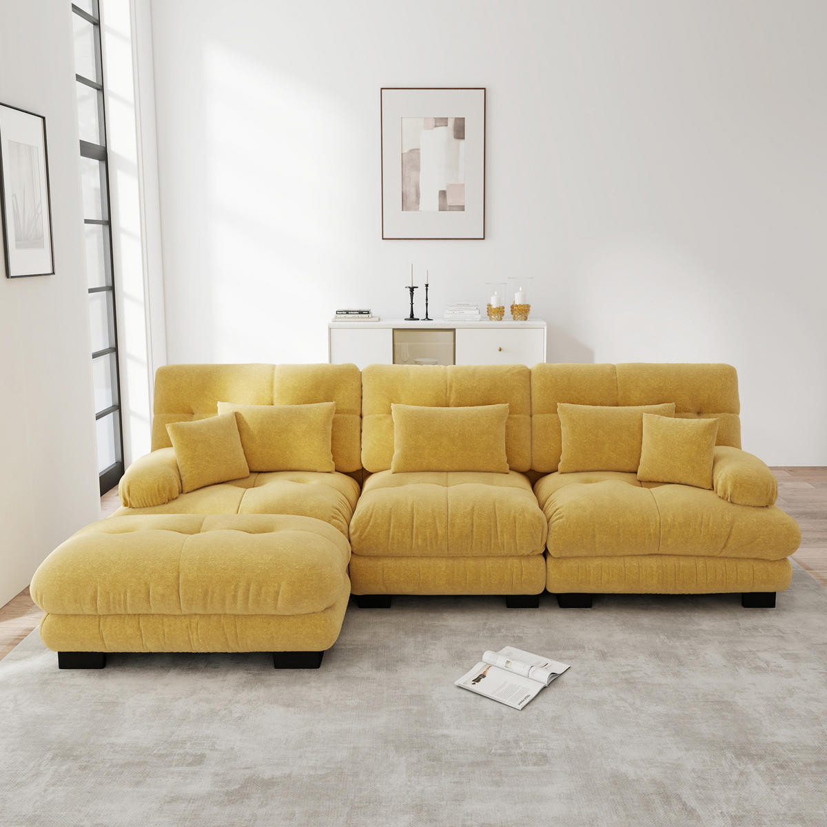 ECKSOFA 313/145/81 cm ggelb aus Chenille mit beweglichen Ottomane und tiefem Sitzkomfort - Gelb, Textil (145/313cm) - OKWISH