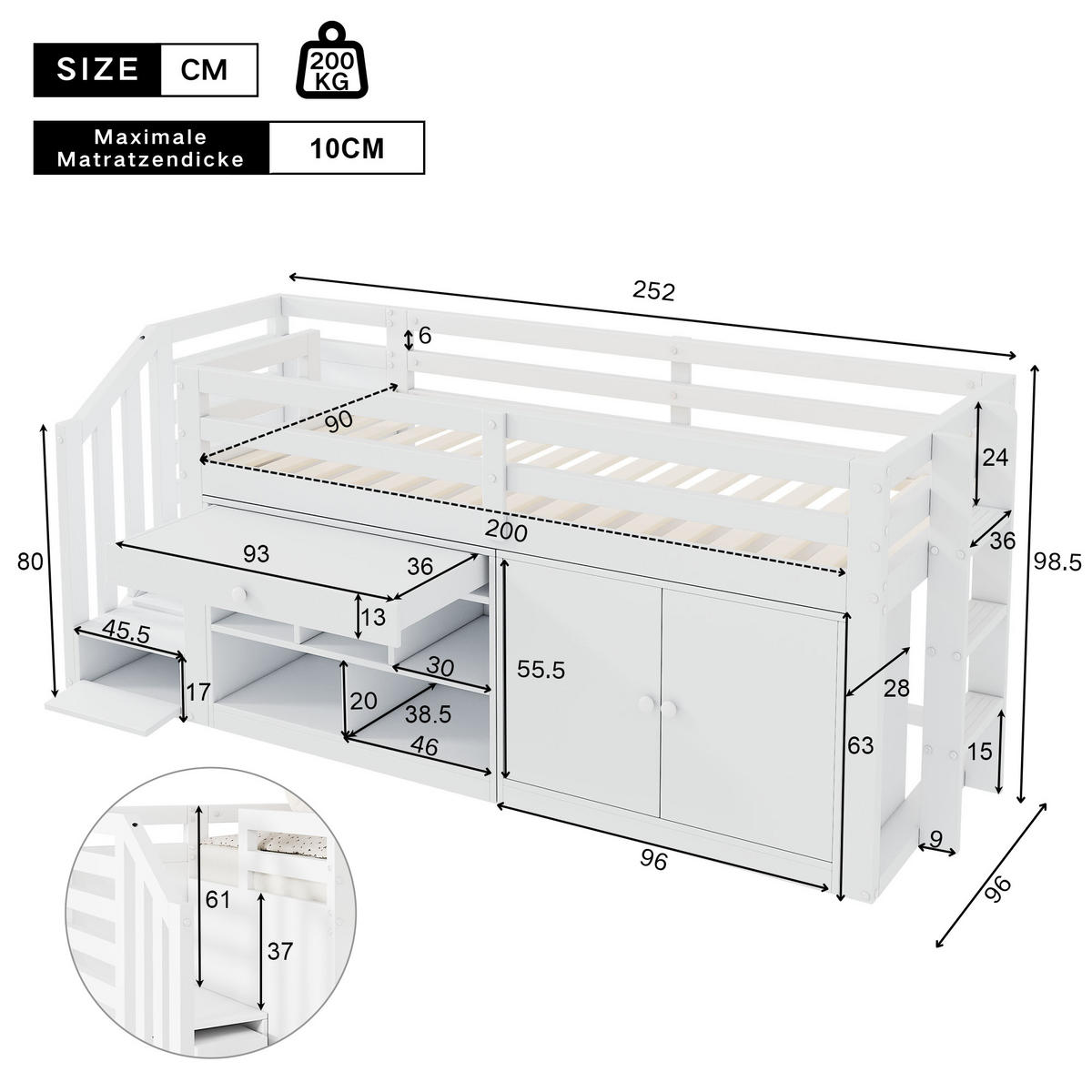 KINDEREINZELBETTEN aus Massivholz 90x200 cm in Weiß mit Treppe & Stauraum - Weiß, Holz (90/200cm) - Modfu