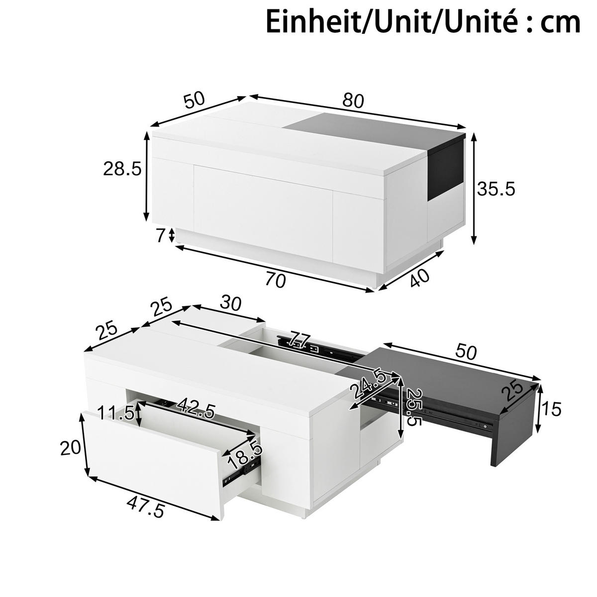 COUCHTISCH 80/50/35,5 cm mit LED-Beleuchtung, ausziehbarer Tischplatte, Schublade und Hochglanz-MDF, Schwarz/Weiß - Weiß, Holzwerkstoff (80/50/35.5cm) - Redom