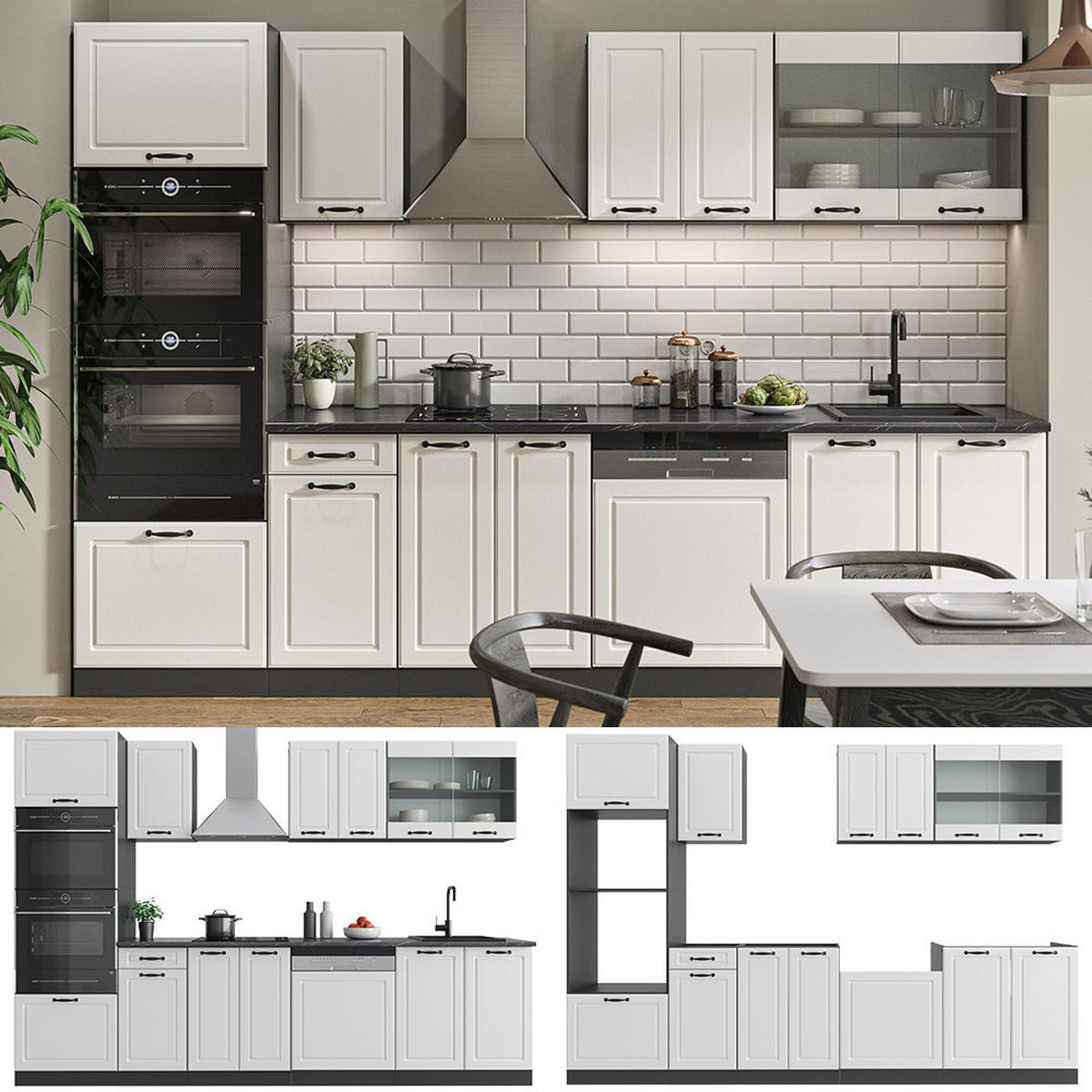 KÜCHENZEILE R-Line Weiß Landhaus/Anthrazit 300 cm mit Hochschrank ohne AP - Anthrazit/Weiß, Holzwerkstoff (300/81.6/46cm) - Vicco