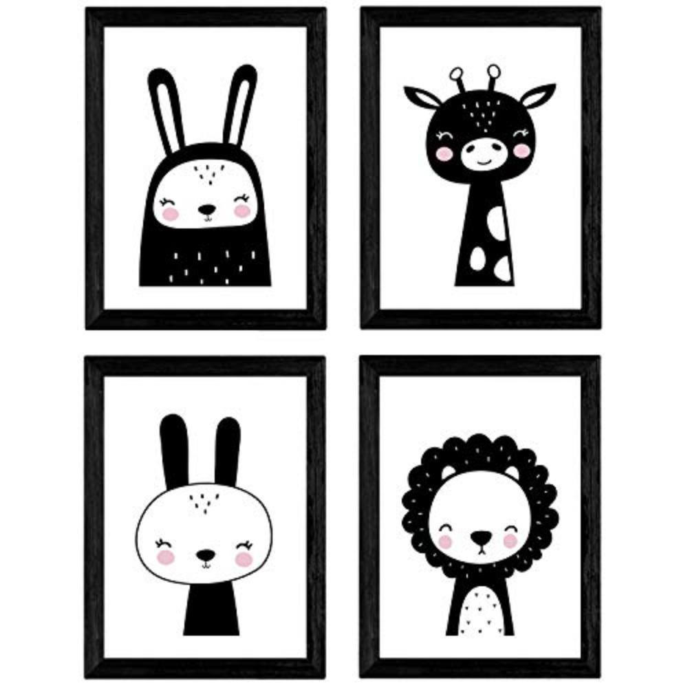 POSTER Set mit 4 Kaninchenblättern, Giraffe, Leon und Maus Tieren A3 Schwarzer Rahmen - Schwarz, Papier (29.7/3cm) - Nacnic