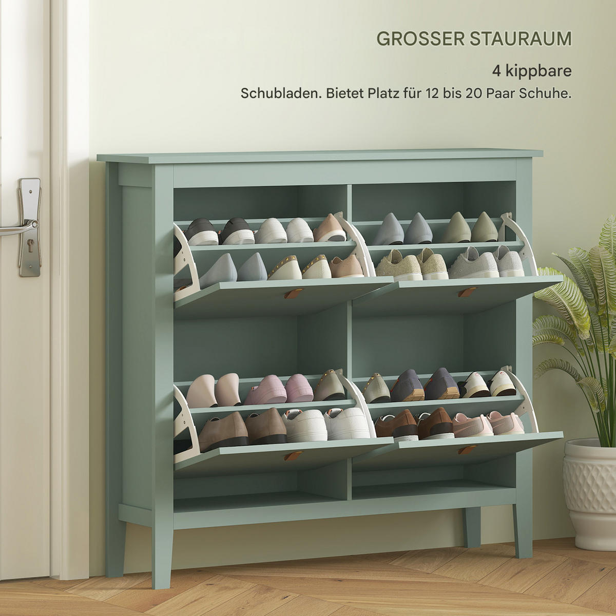 SCHUHSCHRANK für 20 Paar Schuhe, Schuhschrank mit 4 Klappschubladen, herausnehmbaren und verstellbaren Einlegeböden, grün - Grün, Holzwerkstoff (105/95.5/24cm) - HOMCOM