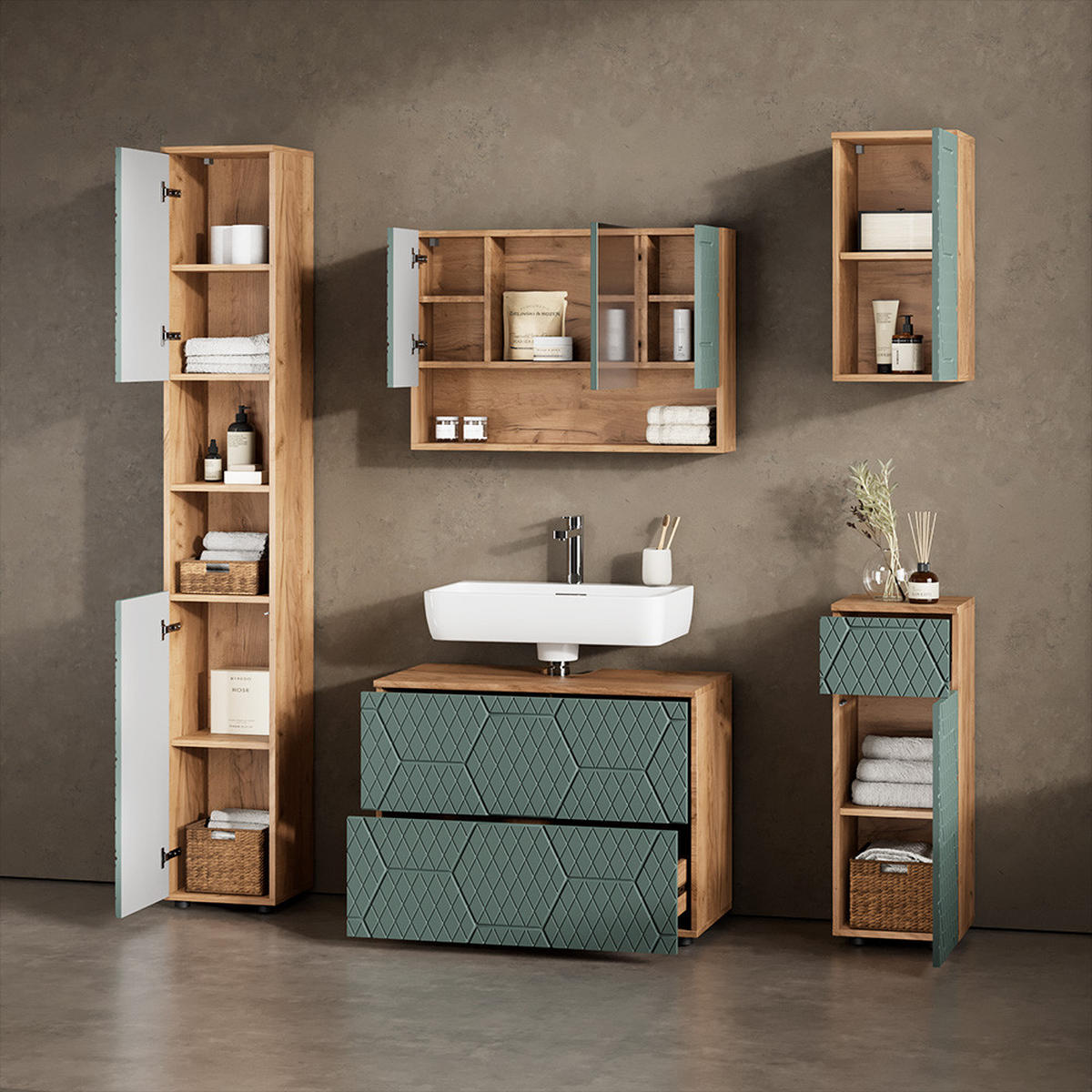 BADMÖBEL-SET Ronco Grün/Goldkraft Eiche 5 Teile - Eiche Wotan/Grün, Holzwerkstoff (80/58/41cm) - Livinity®