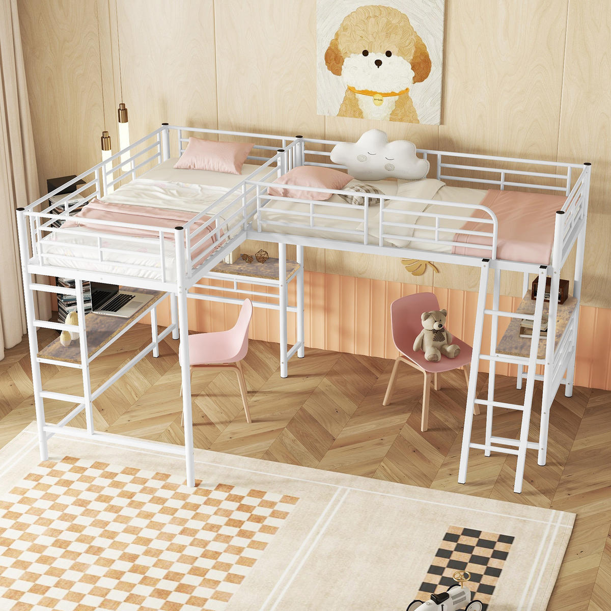 HOCHBETT 90x200cm Weiß zwei Etagenbetten Tisch Doppeltreppe - Weiß, Holz (90/200cm) - FLIEKS