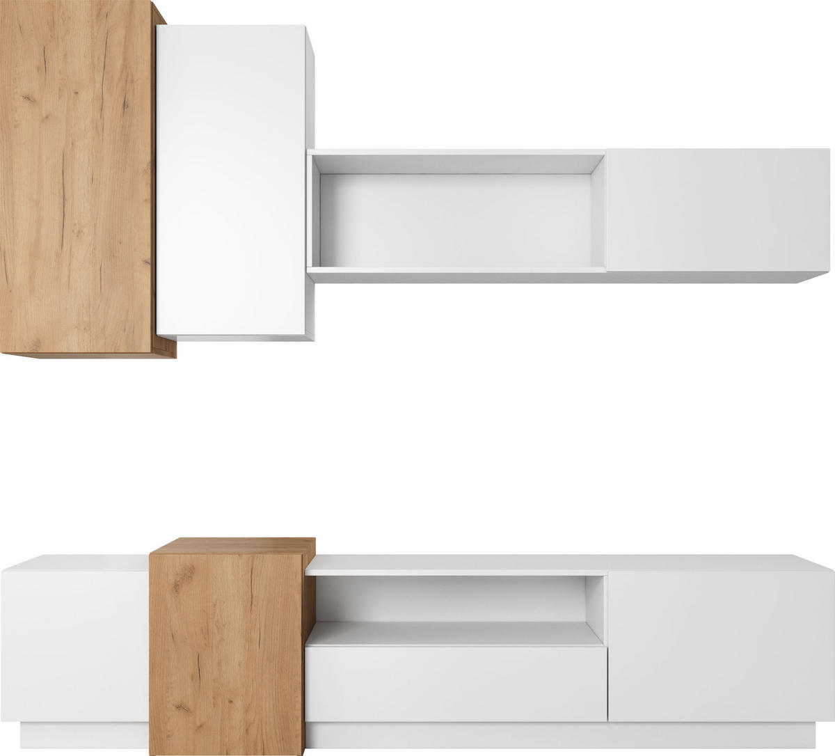 WOHNWAND Grida 4er Set in Weiß Matt mit Eiche Craft Hellbraun 220/54/45 cm - Weiß, Holzwerkstoff (300/180/45cm) - WFL GROUP