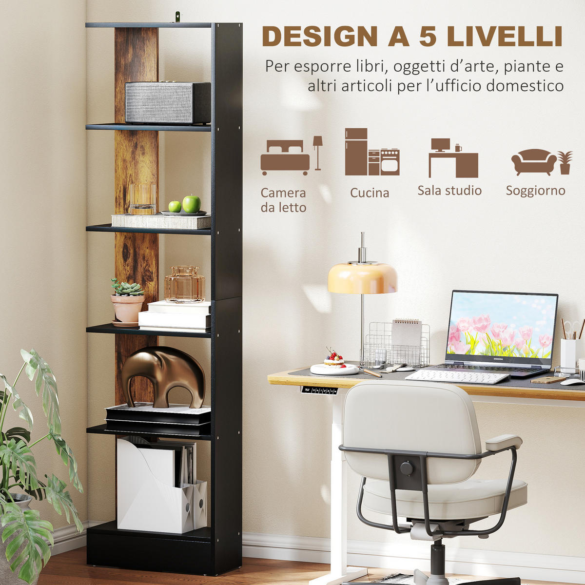 BÜCHERREGAL,5-STÖCKIG 45x21x170cm,braun-schwarz - Braun, Holzwerkstoff (45/170/21cm) - Vallsero