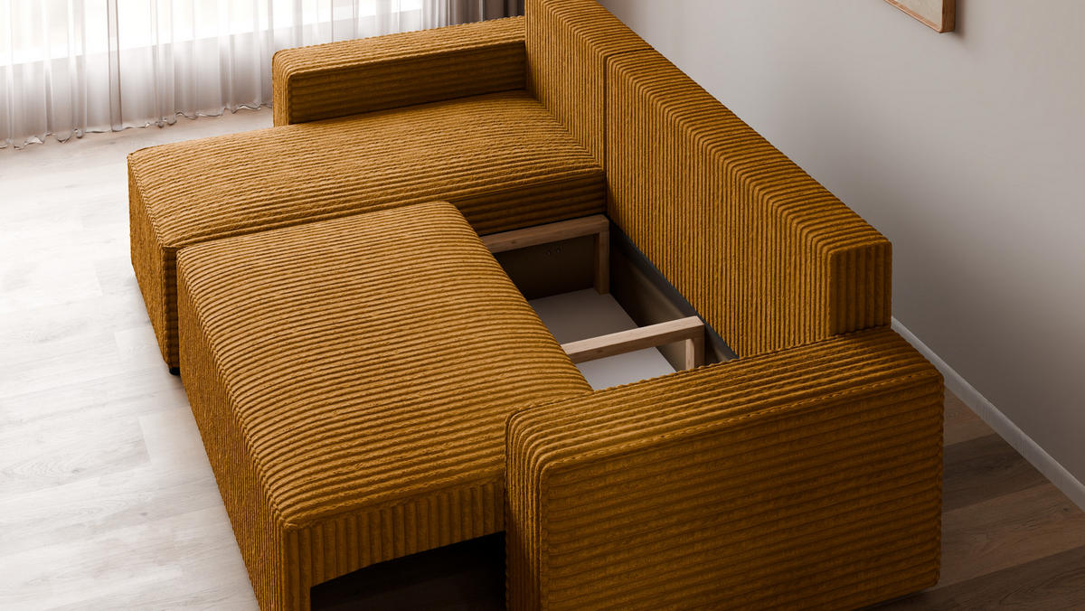 ECKSOFA Tobi mit Bettkasten und Schlaffunktion, L-Form, Cordstoff, Universal - Currygelb, Holzwerkstoff (246/145cm) - 4ALL HOME