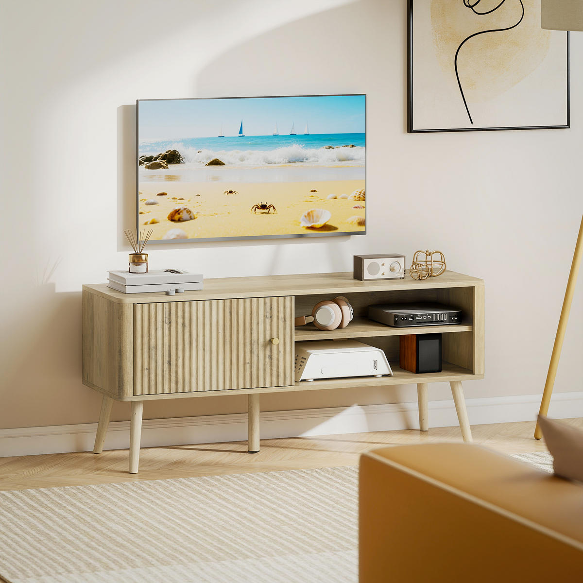 TV-BANK Eichenfarben 115/35/49 cm, 1 Tür, Offene Fächer, Kabelmanagement - Eichefarben, Holzwerkstoff (115/49/35cm) - PANGIVO