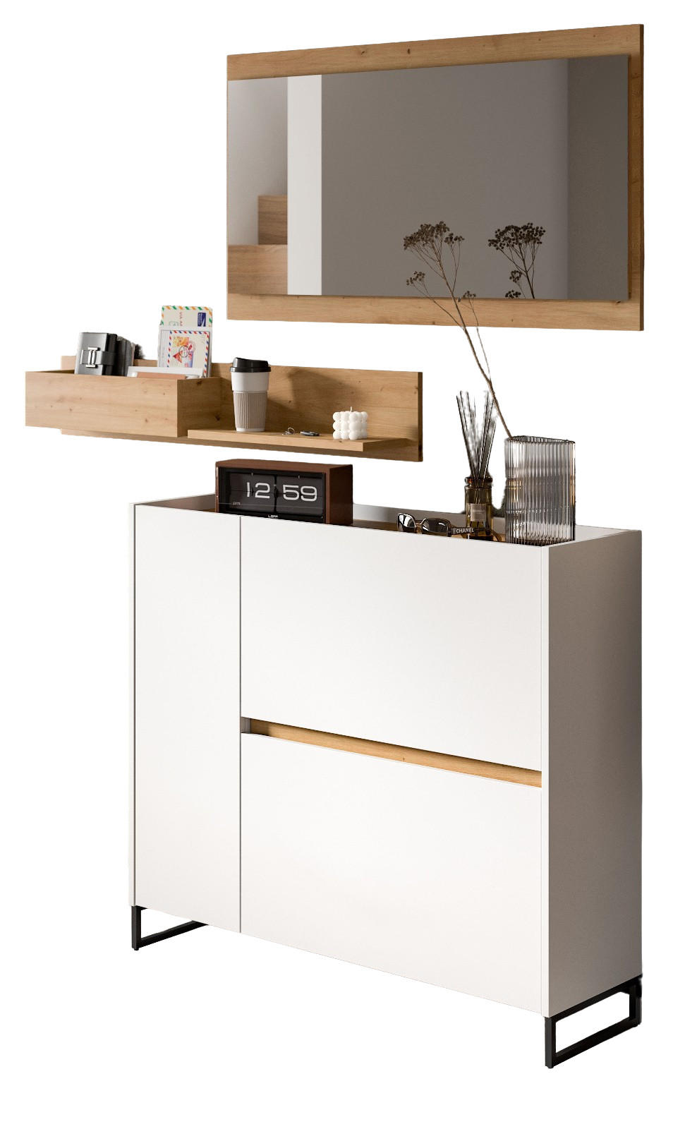 GARDEROBE-SET weiß und Artisan Eiche, Garderobe 3-teilig, 140 x 192 cm, Soft-Close, Borga - Schwarz/Weiß, Holzwerkstoff/Metall (140/192/32cm) - Inn.Furn