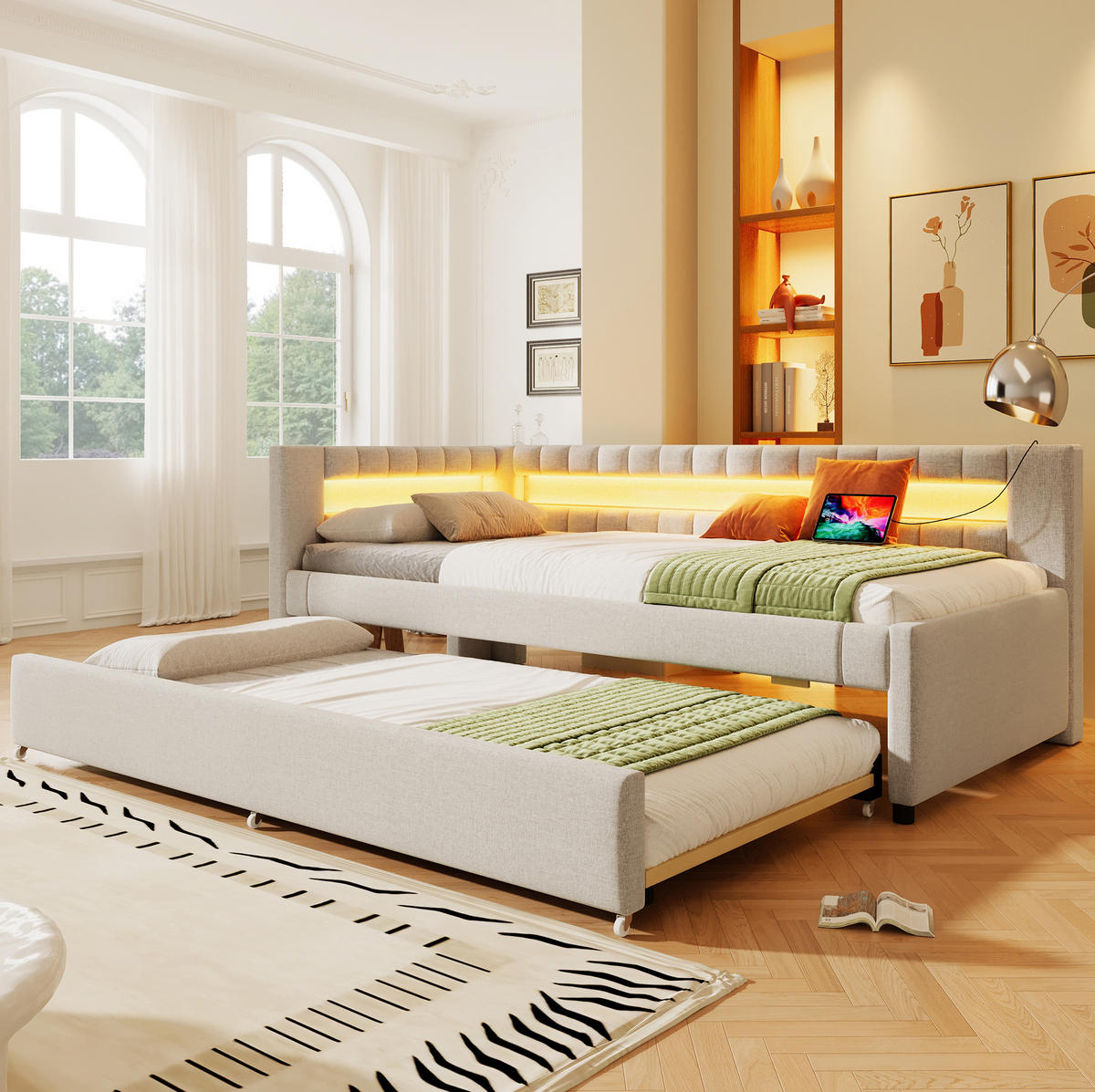 POLSTERBETT 90/200 cm aus Leinen mit LED-Beleuchtung und USB- und Type-C-Anschlüssen - Beige, Textil (90/200cm) - Flora Grace