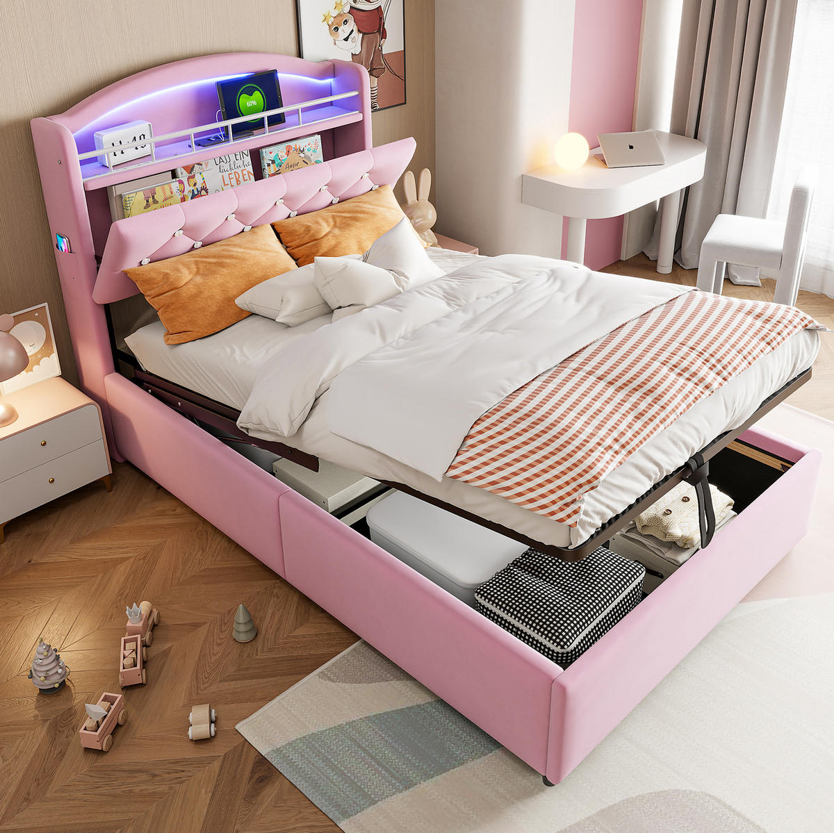KINDERBETT mit Stauraum 90x200 cm Samt Rosa mit LED und USB - Pink, Metall (90/200cm) - Meubliv