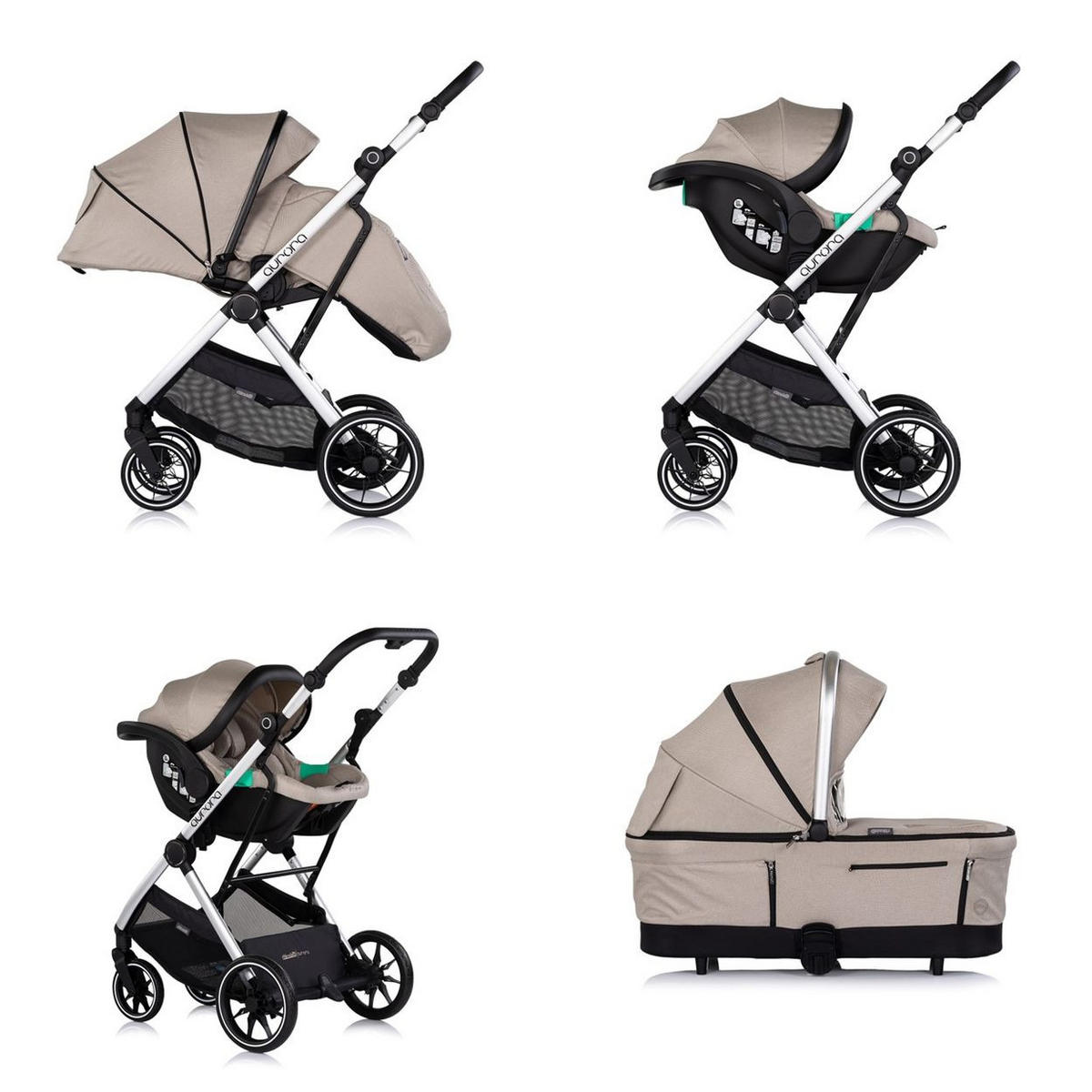 KOMBIKINDERWAGEN Aurora 3 in 1 hellbraun Babyschale Babywanne Sportsitz Tasche - Braun, Metall (84/57/112cm) - Chipolino
