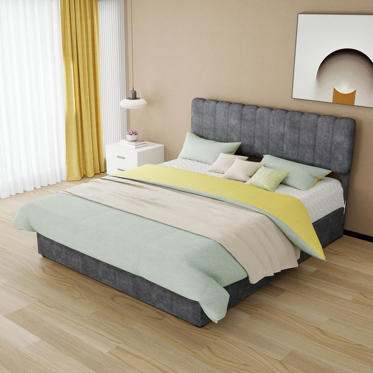 POLSTERBETT 160/200 cm in Grau mit gepolstertem Kopfteil und Holzrahmen in modernem Design - Grau, Holzwerkstoff/Textil (160/200cm) - STILVORA