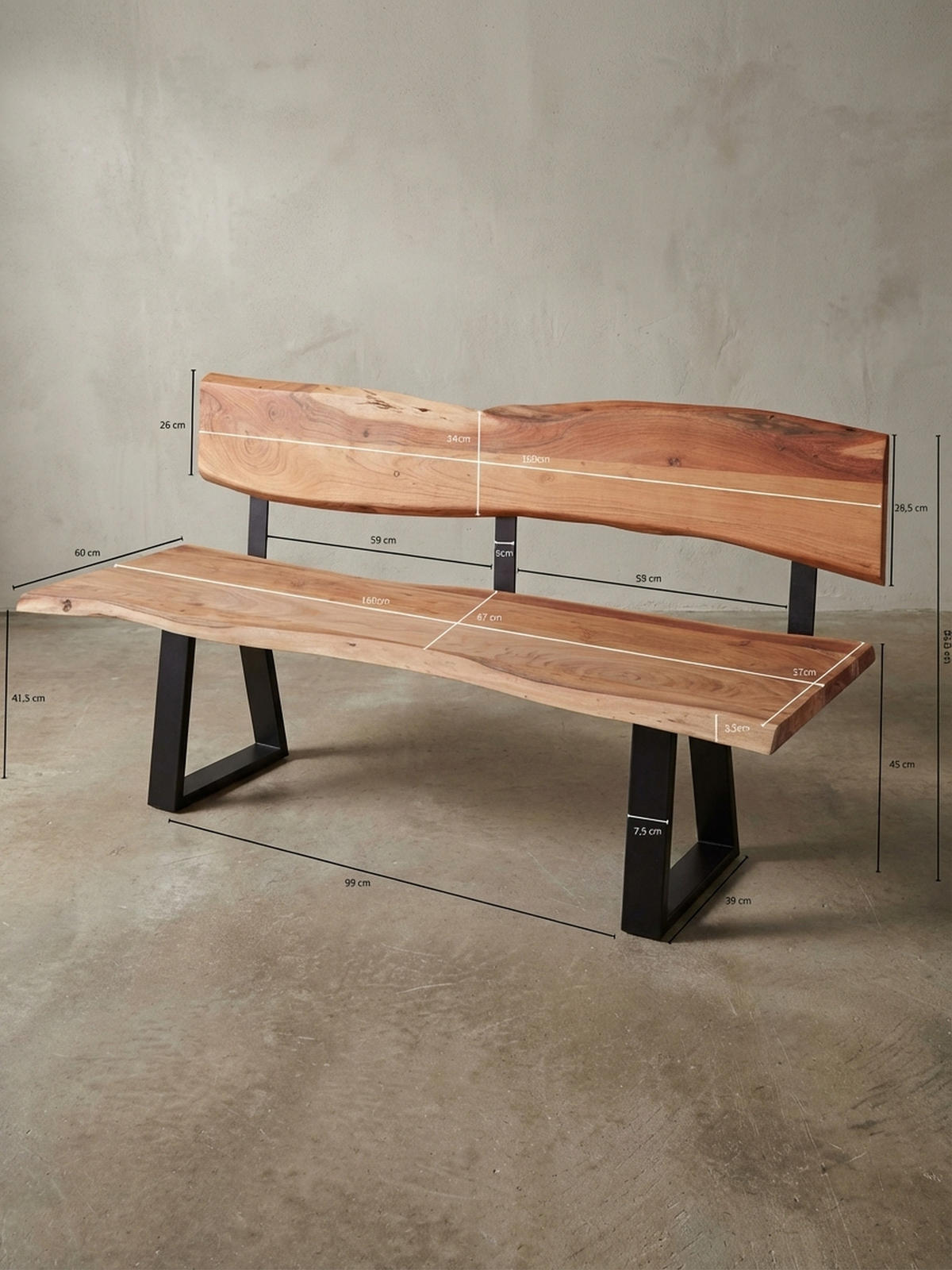 ESSZIMMERBANK Landhausstil Baumkante Akazienholz, Beige 160x60x84 cm - Beige/Schwarz, Holz/Metall (160/84/60cm) - KADIMA DESIGN